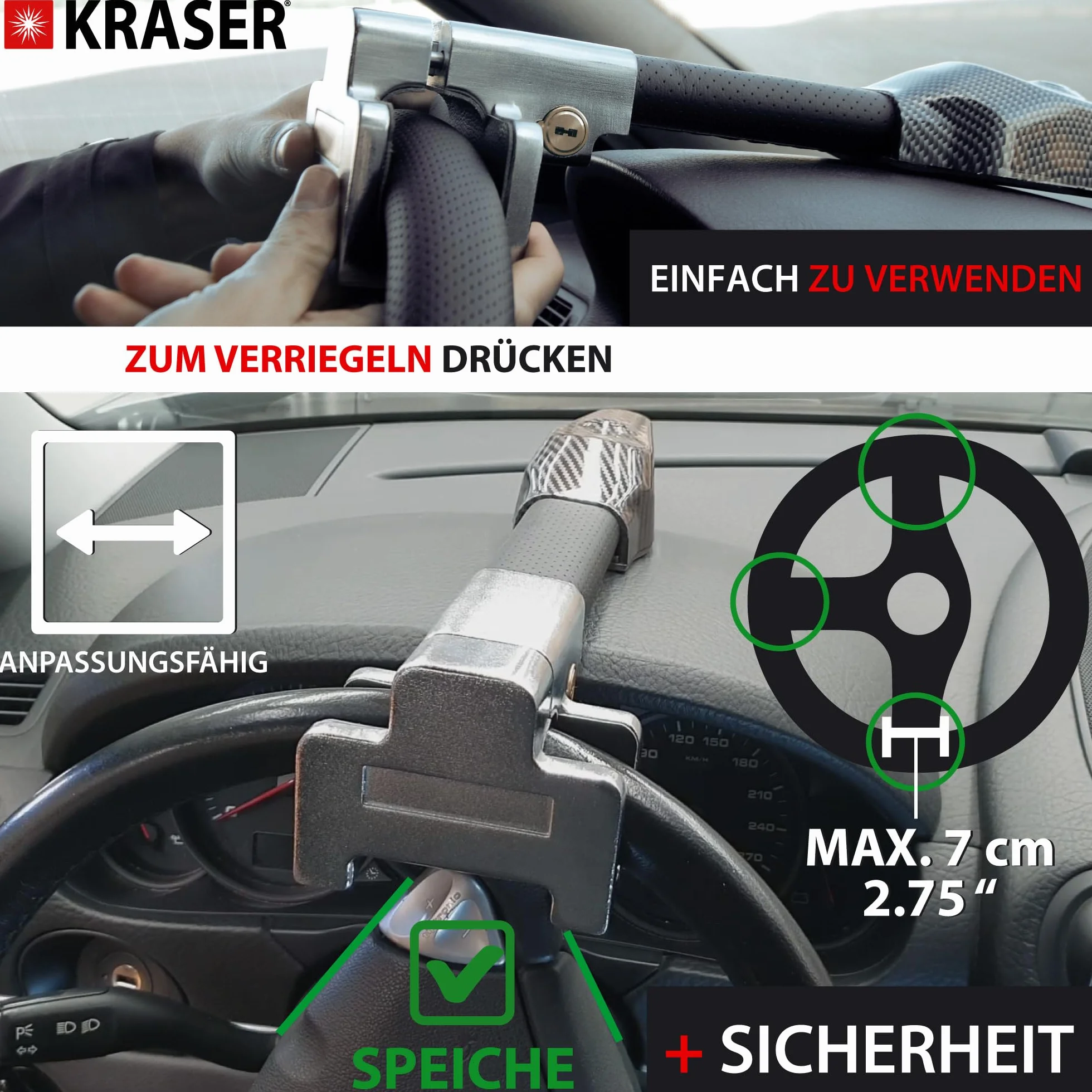 KRASER KR830 Antifurto Auto, Blocca Sterzo con Allarme 120dB, Universale