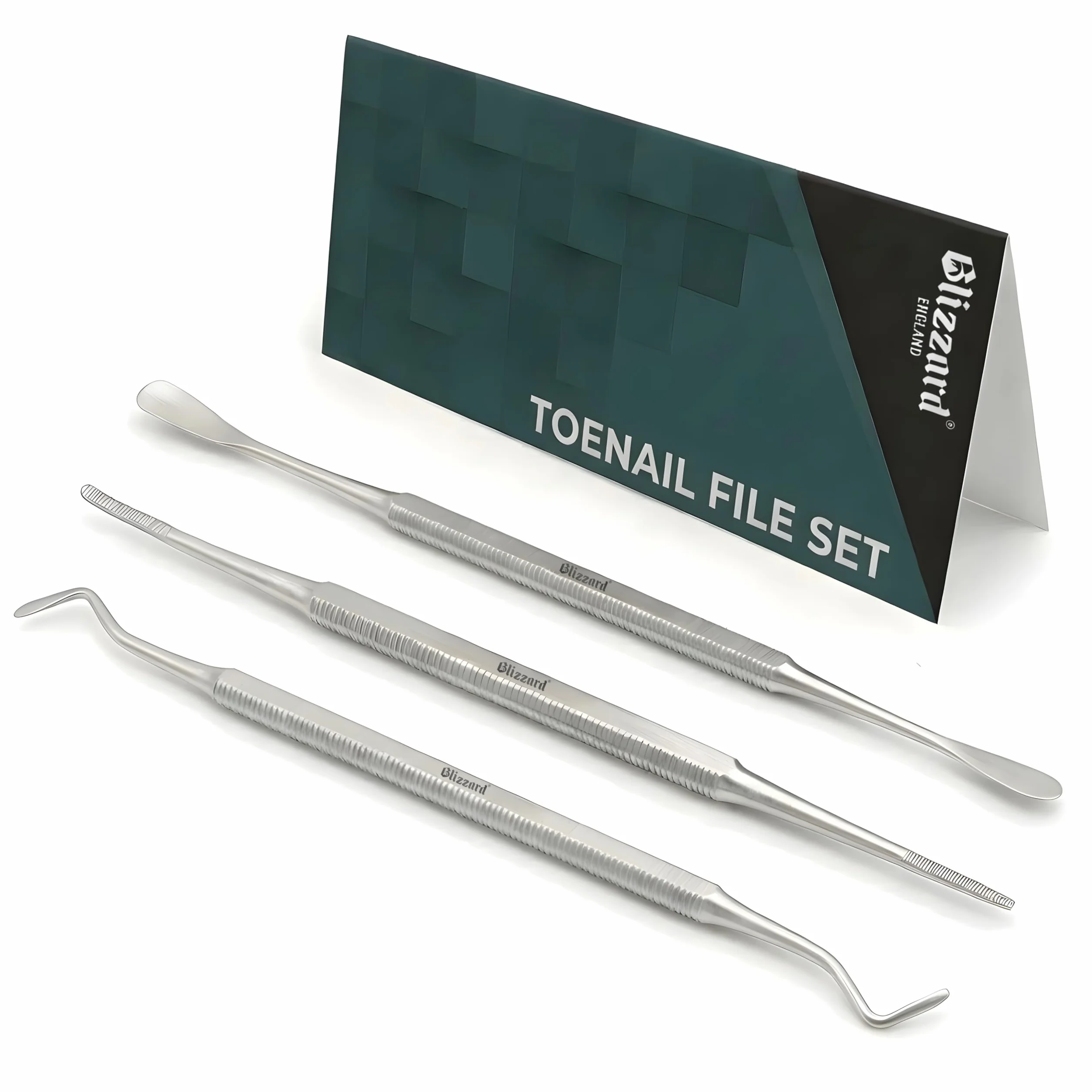 Blizzard Kit Pedicure Professionale 3 Pezzi — Ferri da Podologo per Unghie Incarnite — Set Podologia con Lima, Pulitore e Sollevatore — Acciaio Inox — Per Anziani e Uomo