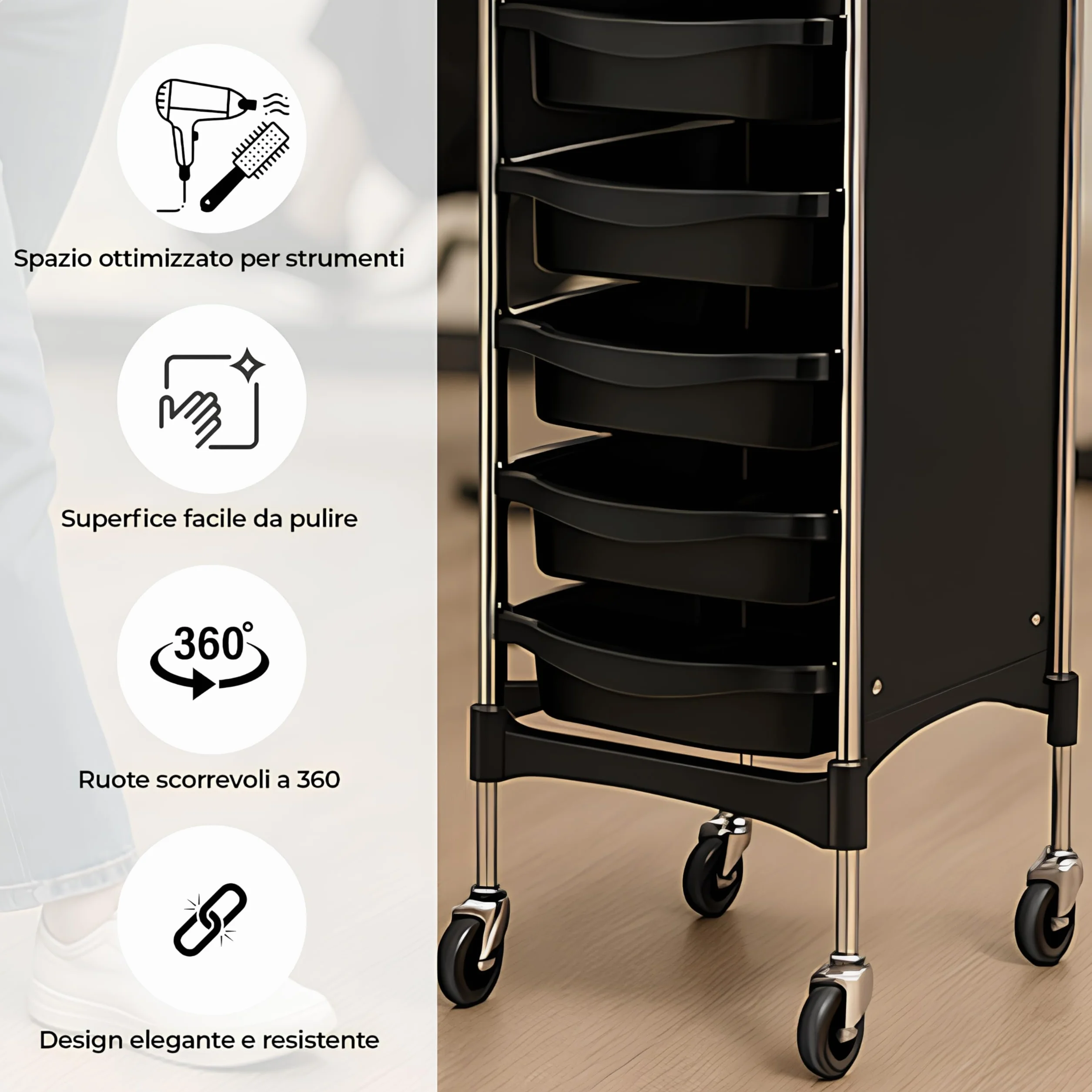 Altéax Carrello Parrucchiere Professionale con 6 Livelli e 5 Cassetti Estraibili - Carrello Estetista - Carrello per Parrucchieri 1pz. Accessori non Inclusi - Carrello Barbiere - Carrello Portaoggetti