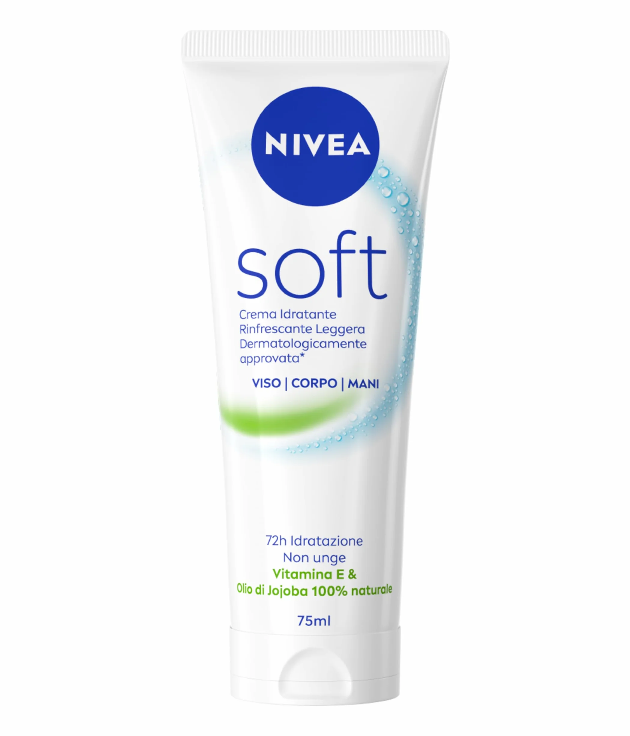 NIVEA Soft Tubo 75 ml, Crema idratante corpo, viso e mani per 72 ore, Crema multiuso rifrescante con Vitamina E e Olio di Jojoba, Assorbimento rapido, Per uso quotidiano, Per tutti i tipi di pelle