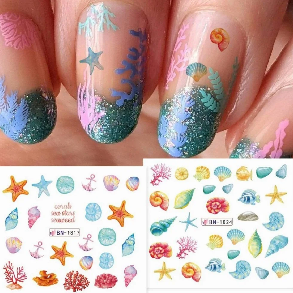 12pcs Ocean Animal Summer Nail Water Decalcomanie Starfish Coral Reef Seaweed Sticker Sea Life Nails Art Transfer Slider