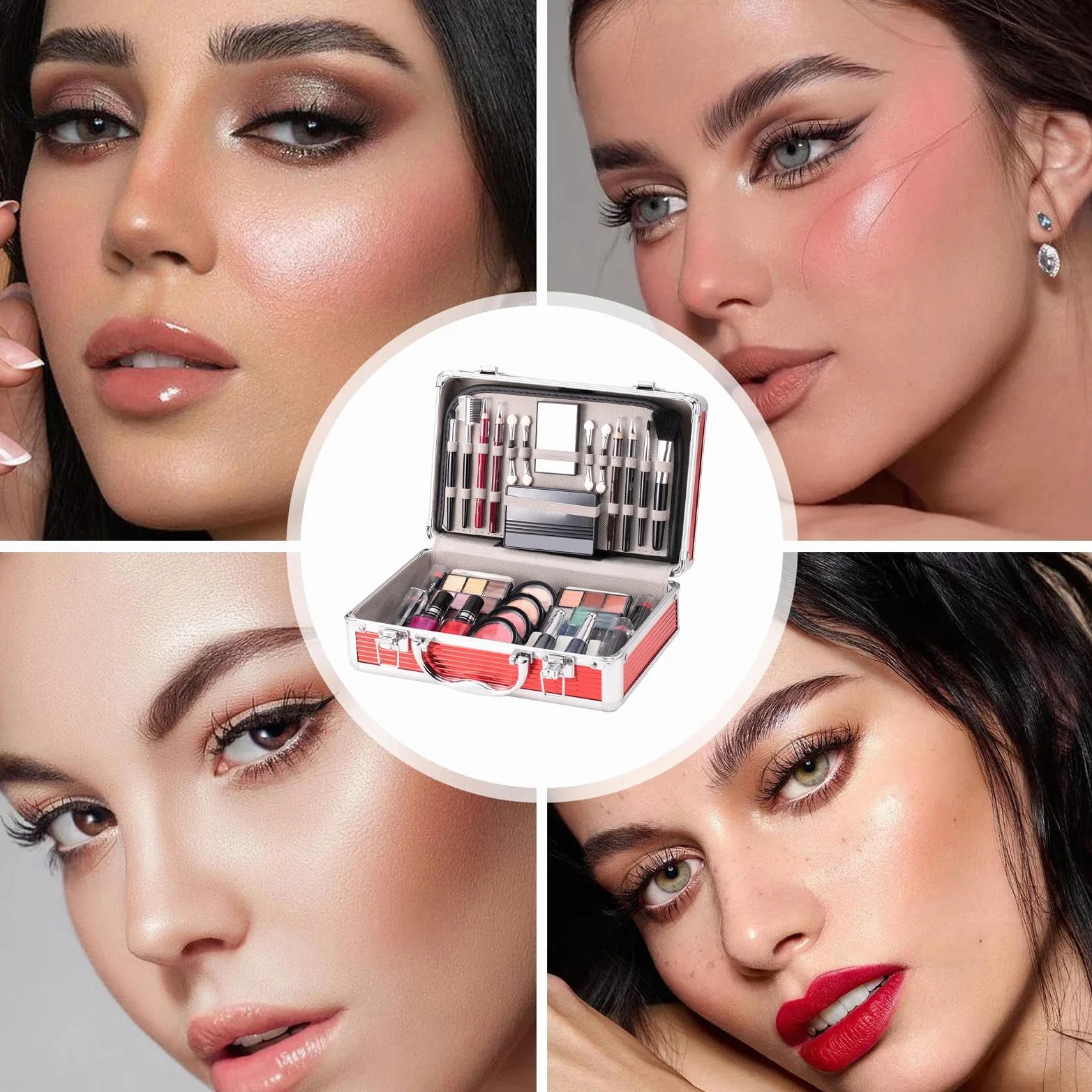 Kit per il trucco completo del viso, set per il trucco per principianti | Custodia per combinata per viso | Ombretto, fard, per sopracciglia, rossetto, smalto, pennello per sopracciglia pe