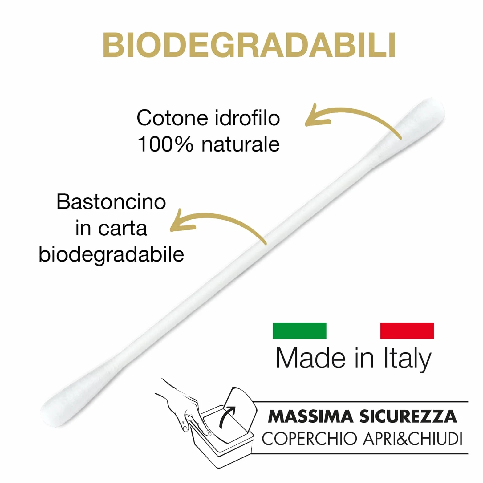 Bastoncini Cotonati Cotton Sound GOLD 300 Pezzi, Carta Biodegradabile, 100% Cotone Idrofilo, Made in Italy