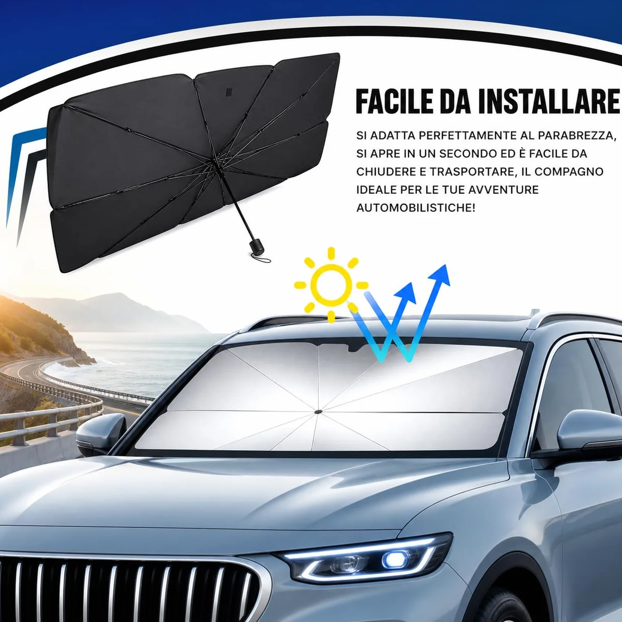 Parasole Auto Ombrello Pieghevole per Parabrezza Interni Macchina Schermo Anti-Uv Telo Proteggi Cruscotto Copriparabrezza dal Sole per Auto Medio/Grandi