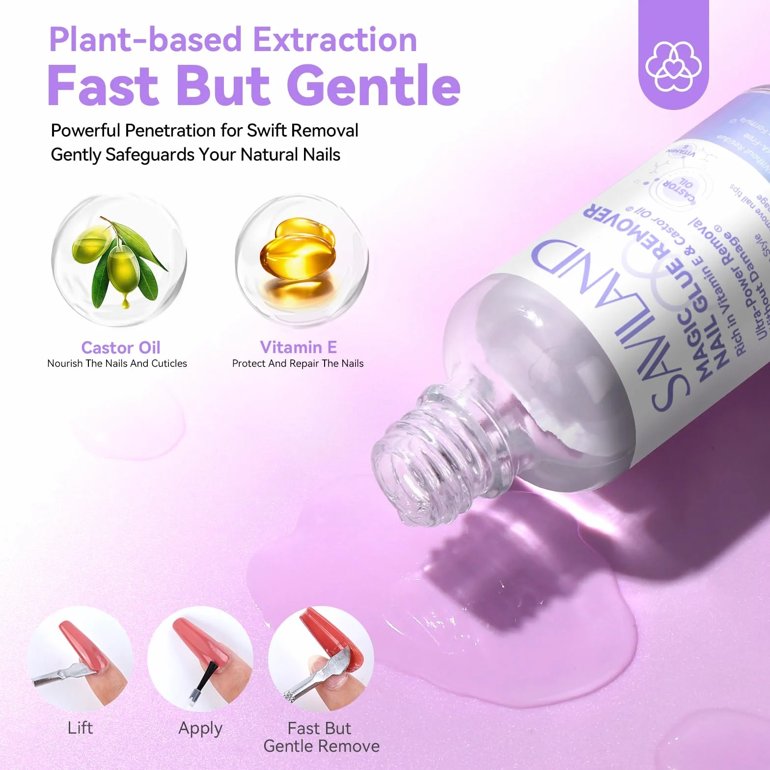 Saviland 50ml Rimuovi Colla per Unghie Finte: Capacità Elevata di Rimozione Felle Unghie False per Le punte Delle Unghie Finte di Ricino Vitamina E Colla per Unghie con Forcella Spingitrice Cuticola