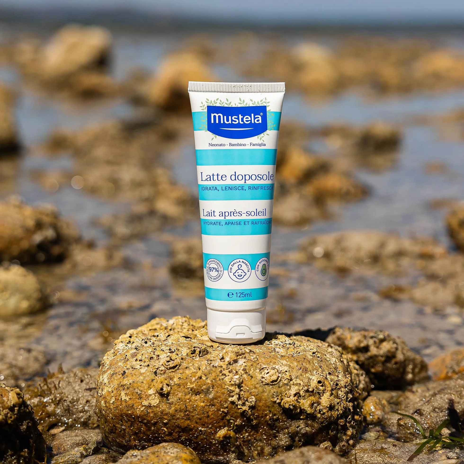 Mustela Latte Doposole 125ml Viso Corpo Burro di Karité Perseose Avocado Neonati Bambini Pelle Arrossata Freschezza