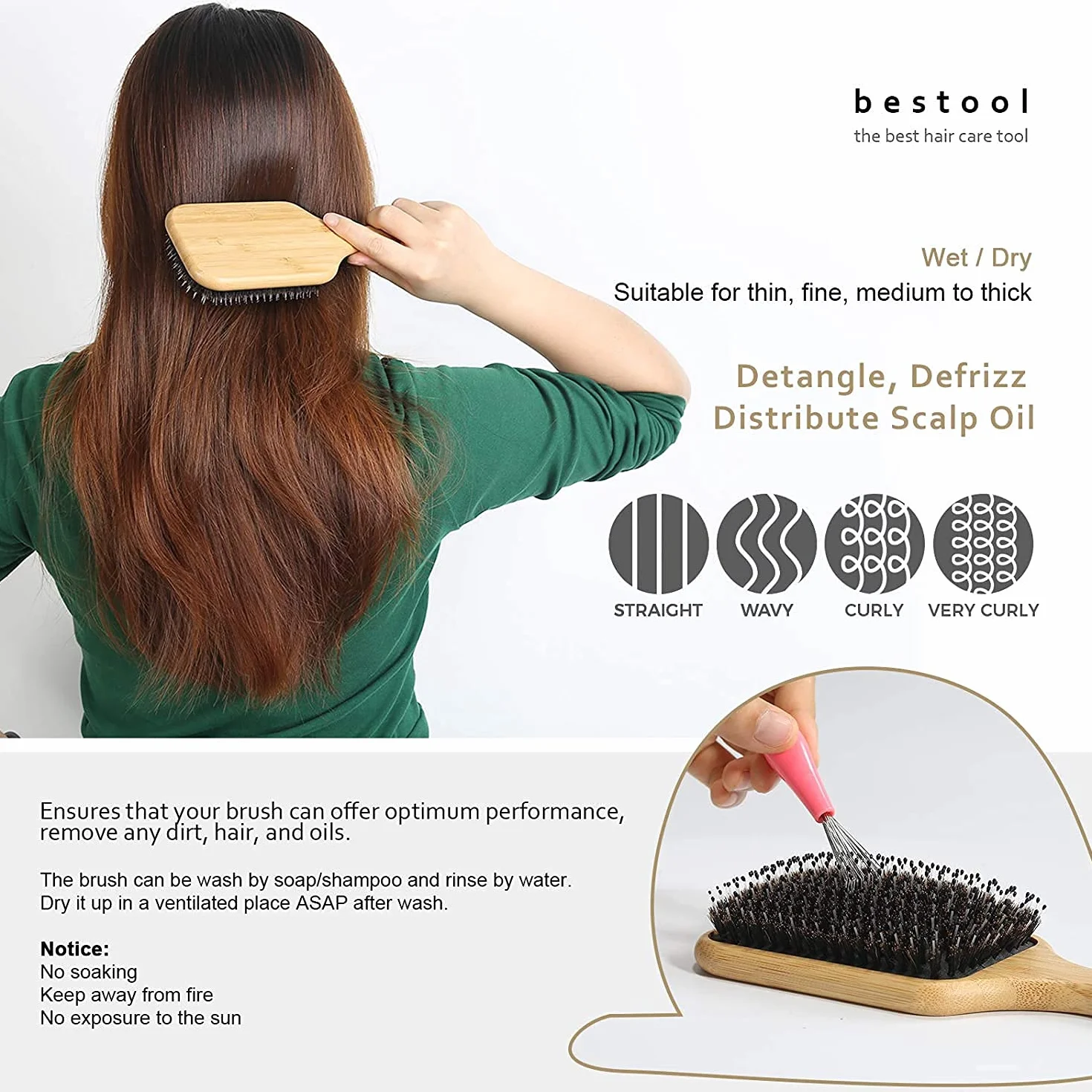 BESTOOL Spazzola per capelli in setole di cinghiale legno naturale massaggio anti statico grande per donna uomo bambino