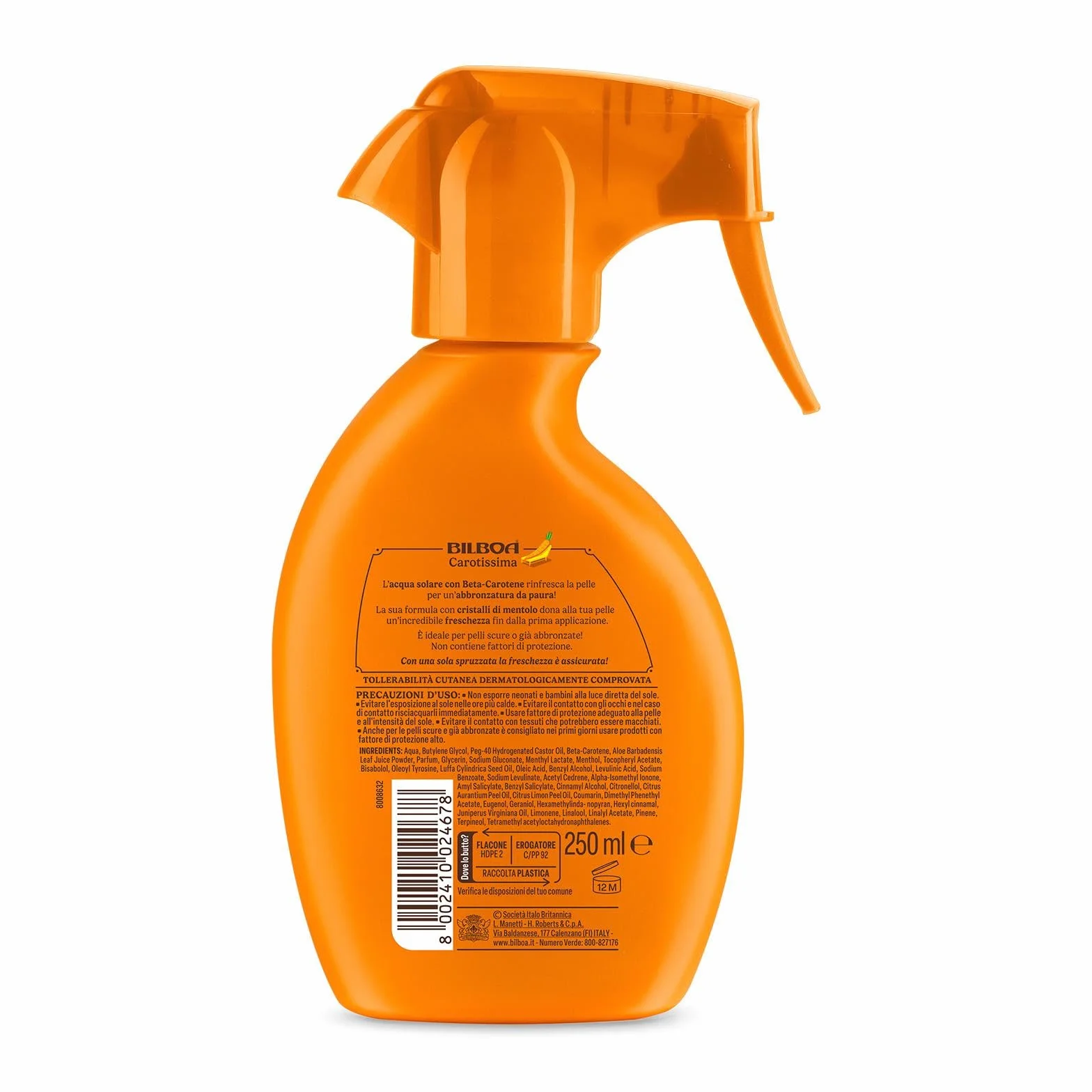 Bilboa Carotissima Acqua Solare con Beta-Carotene Spray Rinfrescante con Cristalli di Mentolo 200 ml