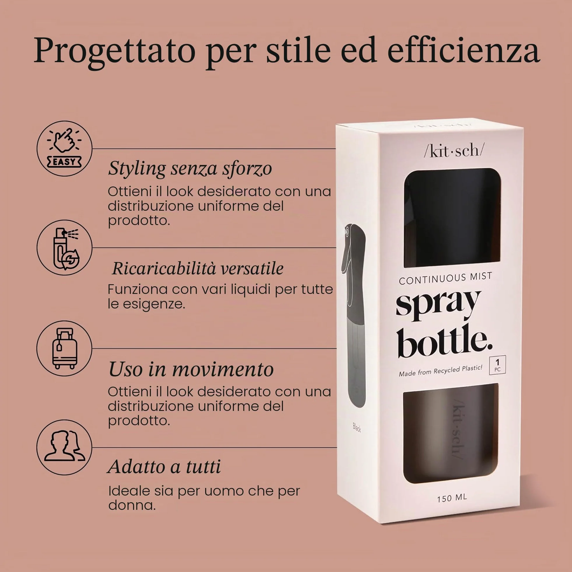 Kitsch Flacone spray continuo per capelli – Nebulizzatore d'acqua a nebbia fine – Flacone spray per capelli riciclato – Flaconi spray per pulizia, styling, piante e altro – Nero, 150 ml