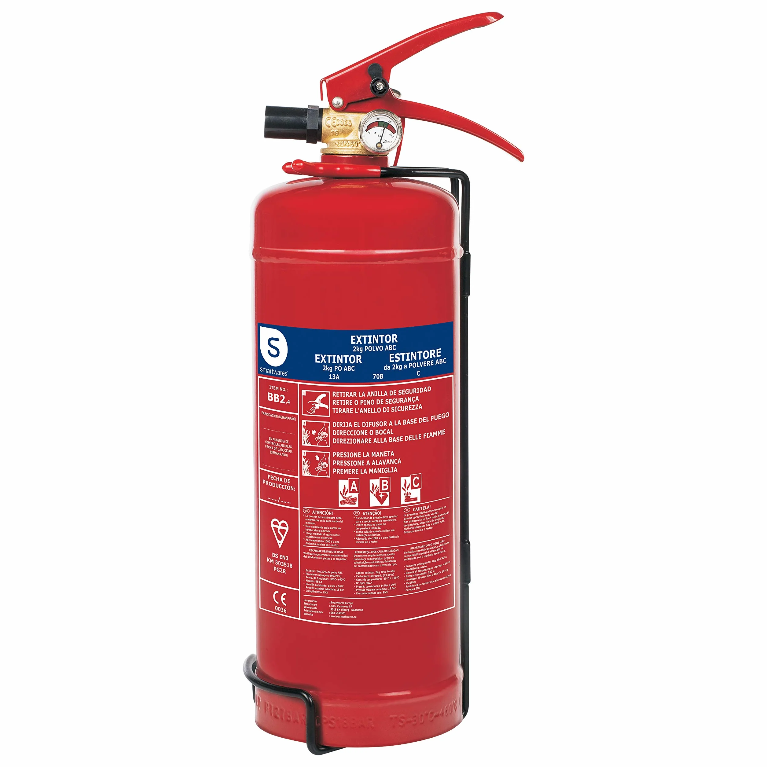 Smartwares Estintore a polvere 2 kg ABC per veicoli abitazioni con staffa di montaggio