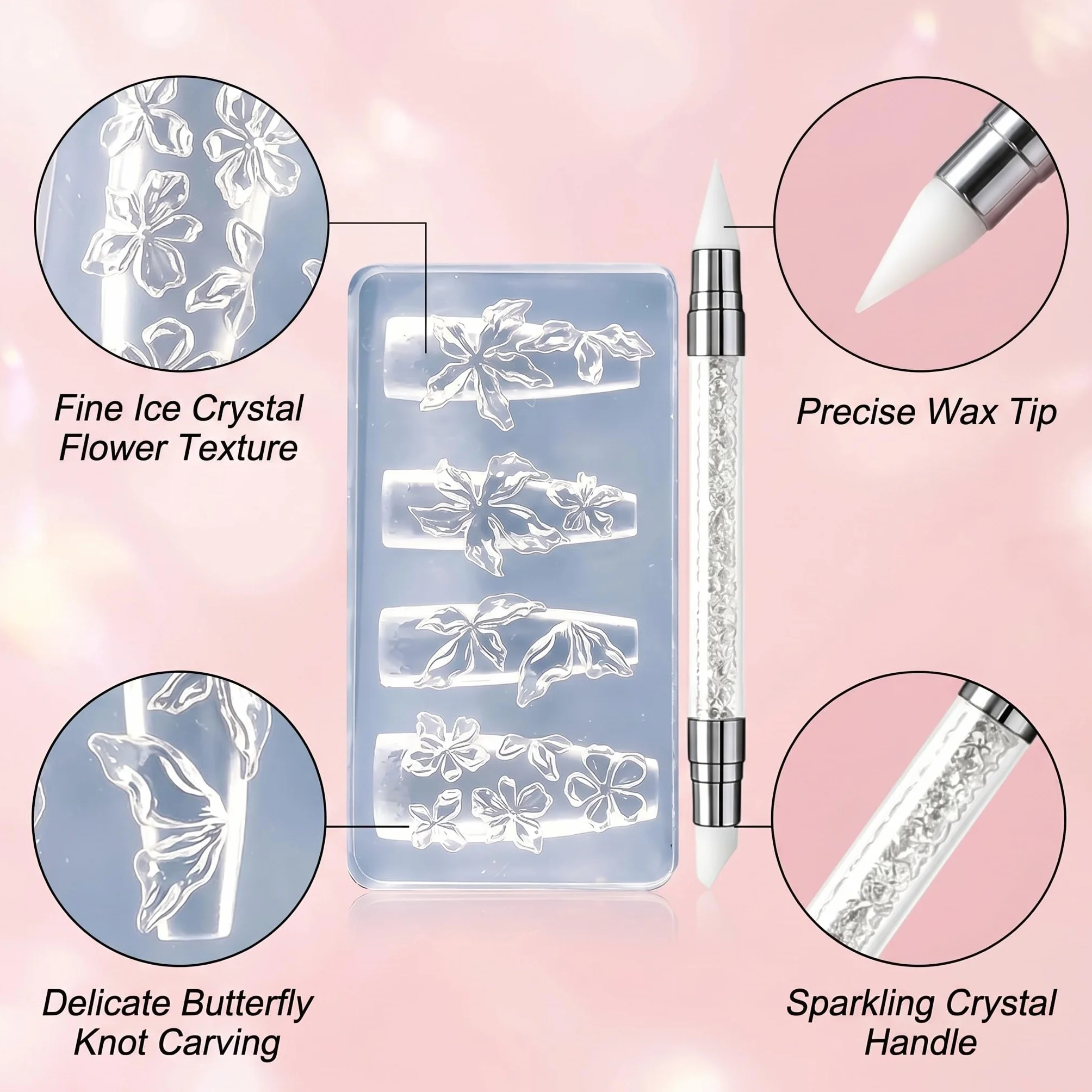 2 Pezzi Stampi per Unghie in Silicone 3D con Penna, Formine per Decorazioni Nail Art a Forma di Fiori e Fiocchi, Stampo Trasparente per Manicure Fai da Te, Accessori Professionali per Unghie