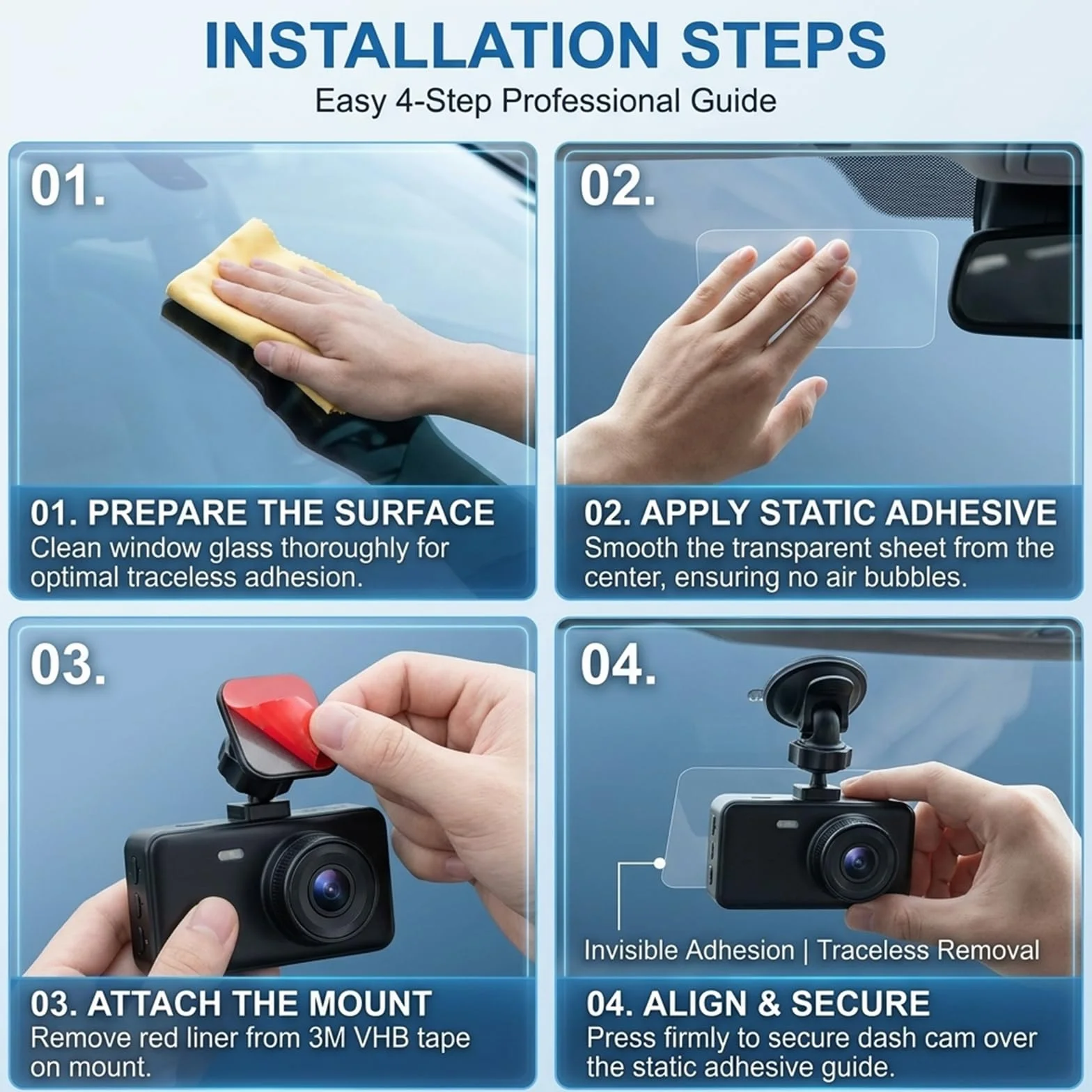Set 16 Pezzi Adesivi Dash Cam: Pellicole Elettrostatiche e Biadesivi per Parabrezza Auto, Kit di Montaggio Trasparente Resistente al Calore