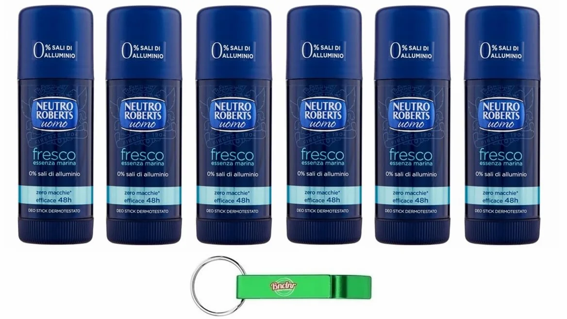 Neutro Roberts Deodorante Stick Uomo Fresco Essenza Marina - Deodorante Stick per uomini, 0% sali di alluminio, 40 ml + portachiavi Beni Culinari
