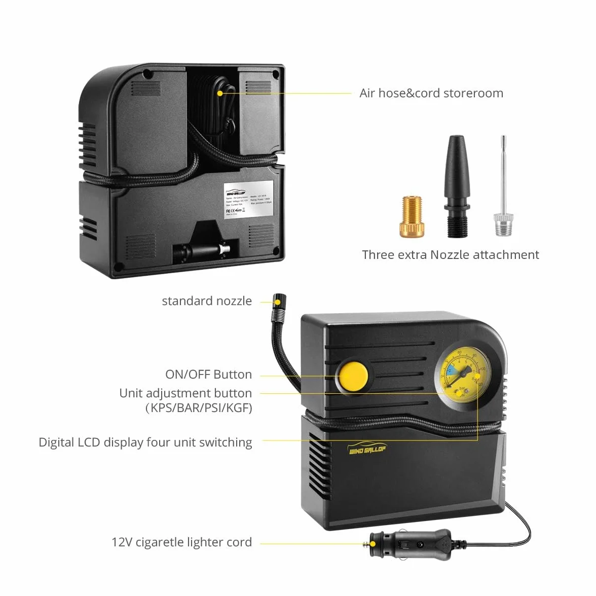 WindGallop Mini Compressore Aria Portatile 12V Professionale Gonfiatore Analogico per Pneumatici Auto con Manometro Giallo