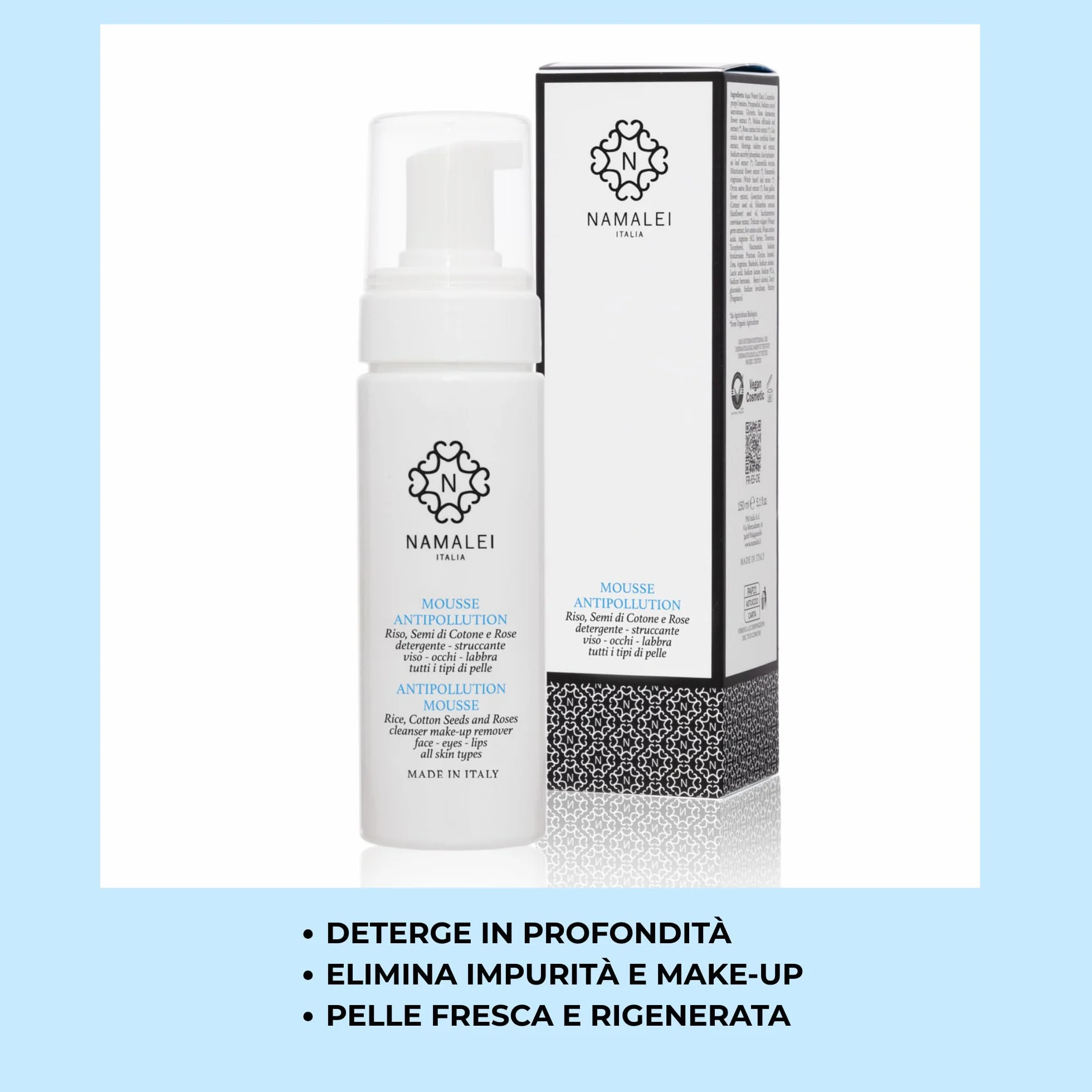 Mousse Antipollution Riso, Semi di Cotone e Rose, Detergente Struccante, Viso e Occhi, Pelle Fresca e Idratata, 150 ml