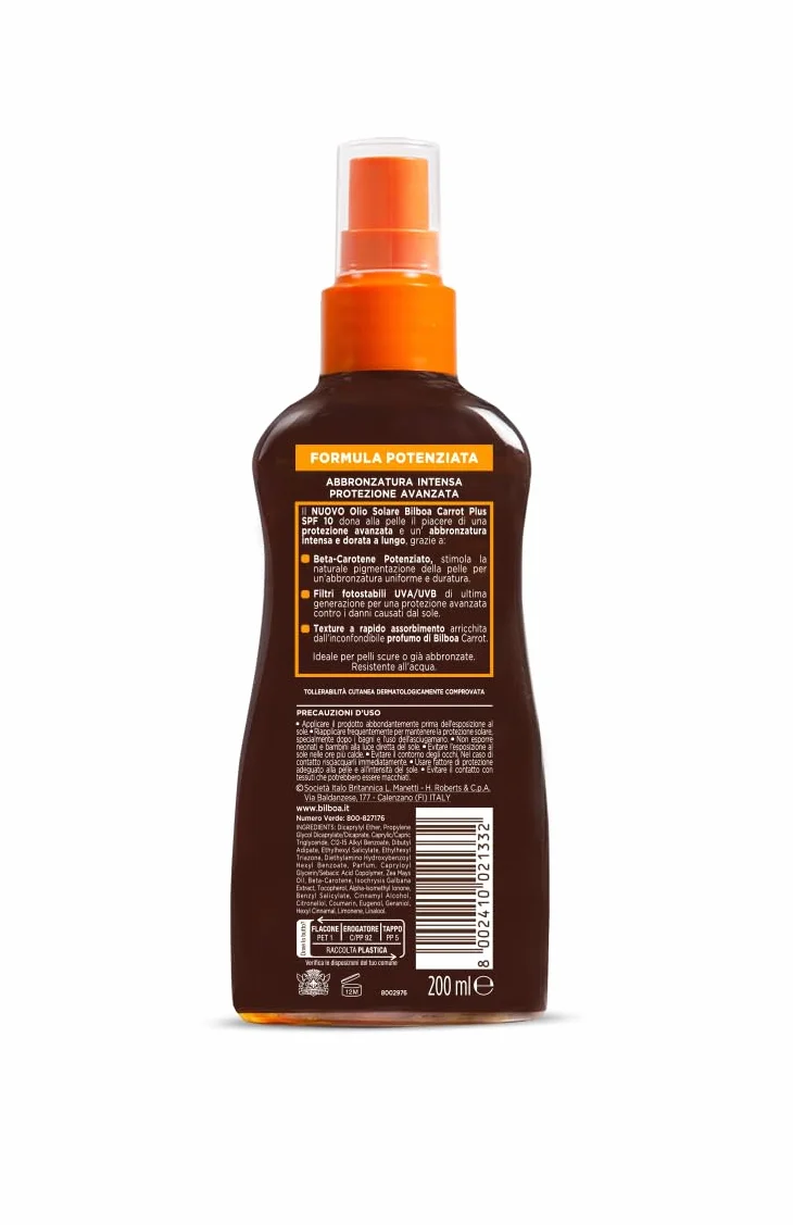 Bilboa Carrot Plus, Olio Solare Spray SPF 10, Olio Abbronzante Corpo, Formula con Betacarotene per una Abbronzatura Intensa e Duratura, Resistente all'Acqua, Dermatologicamente Testato, 200 ml