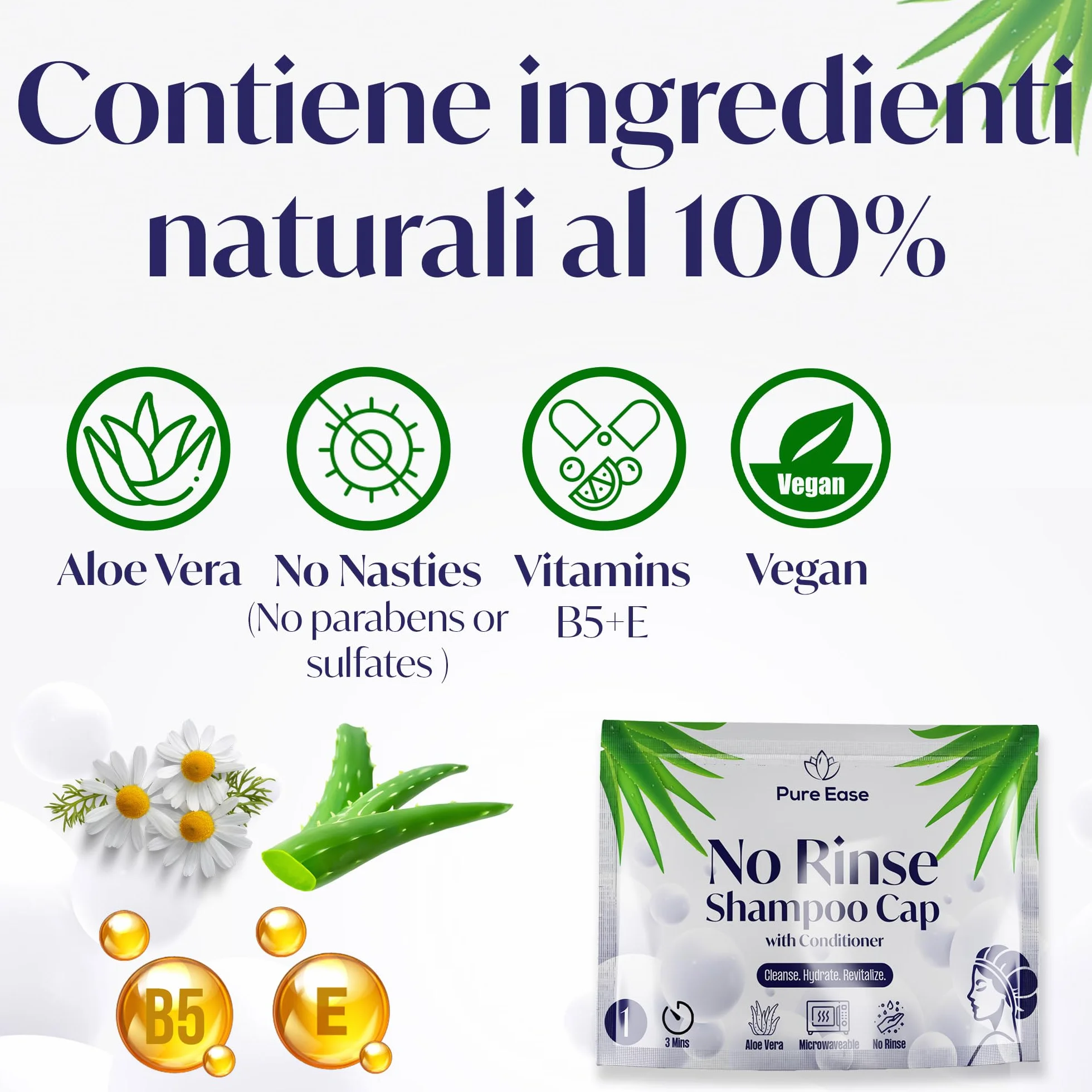 Pure Ease Cuffia Shampoo per Allettati - Lavaggio Capelli per Disabili con Salviette Capelli, Ideale per Anziani e Persone Allettate, Formula Delicata, Perfetta per Strutture Sanitarie (Pack of 5)