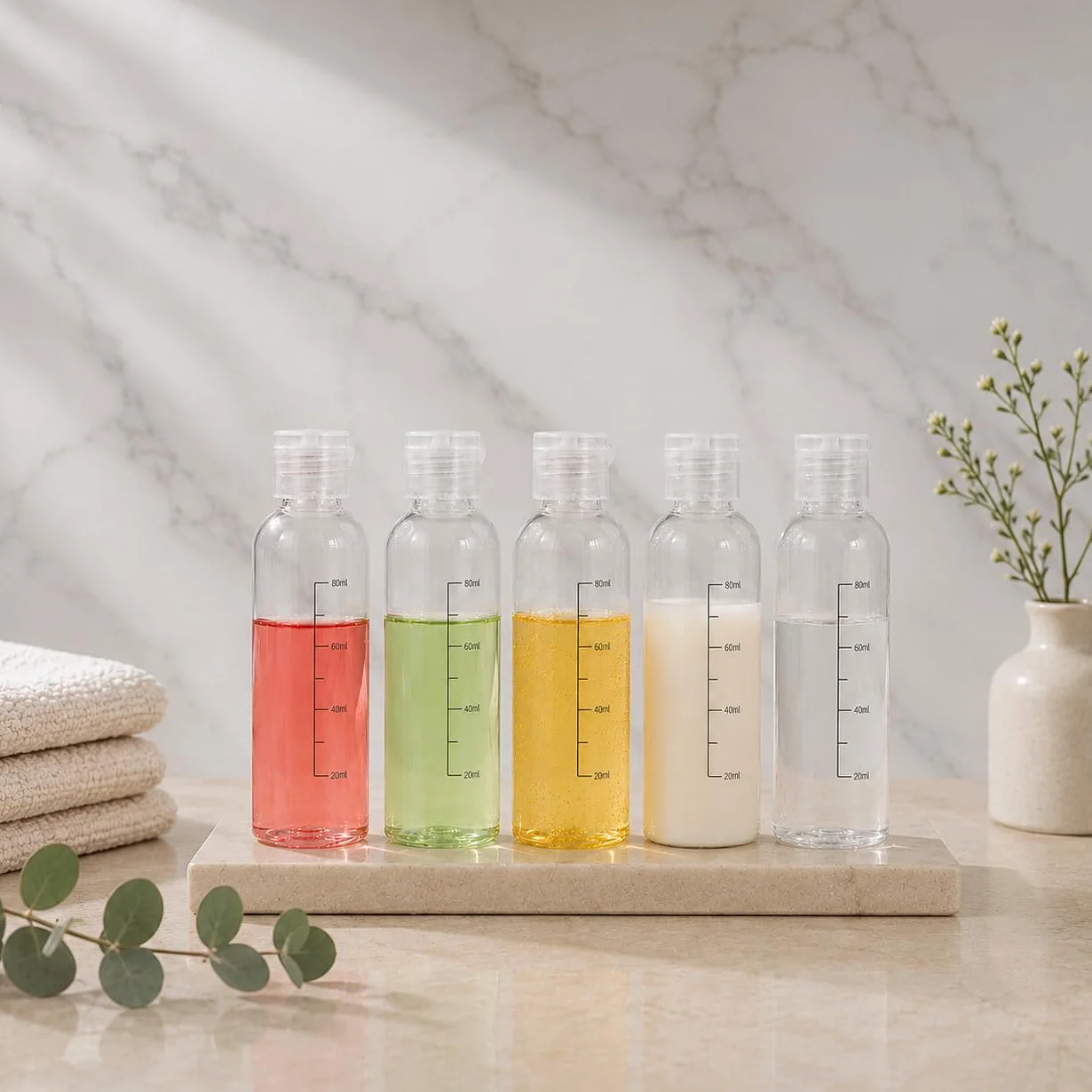 Bottiglie da viaggio 100ml,5 PCS flaconi da viaggio vuoti trasparenti per aereo,Kit Contenitori Viaggio Liquidi in plastica, flacone trasparente per shampo ，lozione， tonico viso, gel,Olio solare