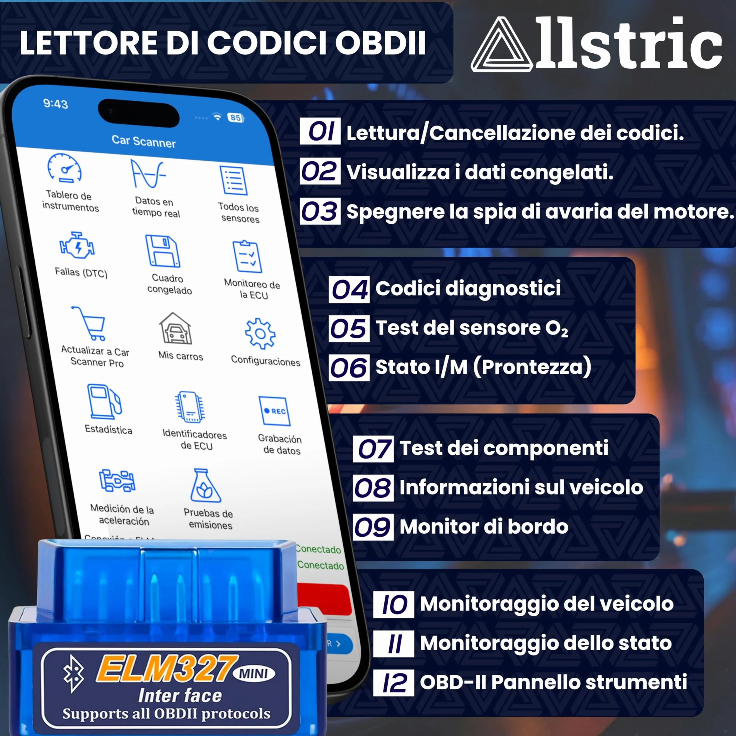 ELM327 OBD2 Bluetooth Diagnostica Auto Scanner per Veicoli dal 1996
