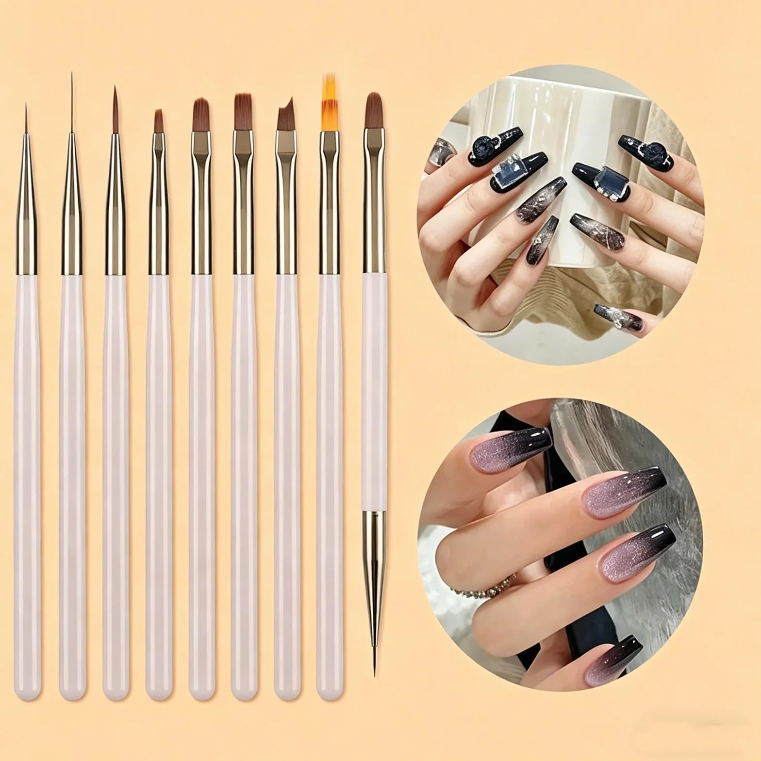 Set da 9 Pennelli per Unghie Grigio Ghiaccio, Pennelli Professionali per French Nails e Smalto UV Gel, pennelli per unghie gel Include Pennello per Intaglio Cristallo e Sfumato, per Manicure