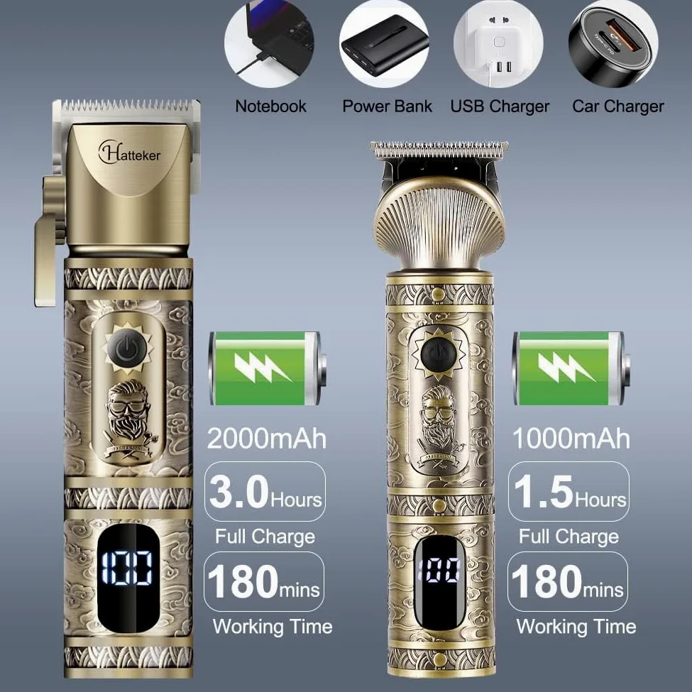 Hatteker Professional Hair Clipper e T-Blade Trimmer Set Per Gli Uomini Cordless Ricaricabile Barber Clipper Beard Nose Hair Trimmer Multipurpose Grooming Kit Display LED (Oro)