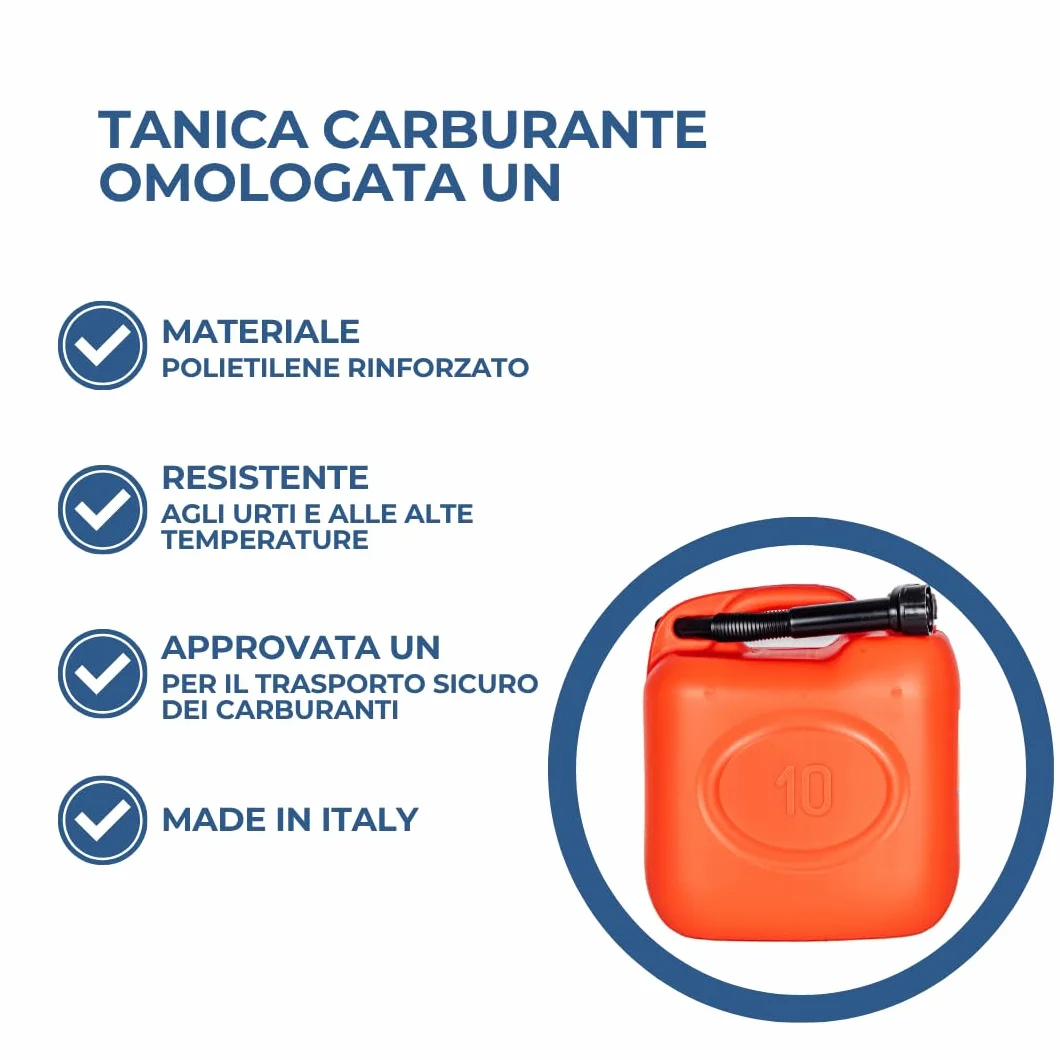 FERROELETTRA Tanica Carburante Omologata UN Polietilene Rinforzato 10 Litri con Beccuccio Flessibile per Benzina e Diesel Made in Italy