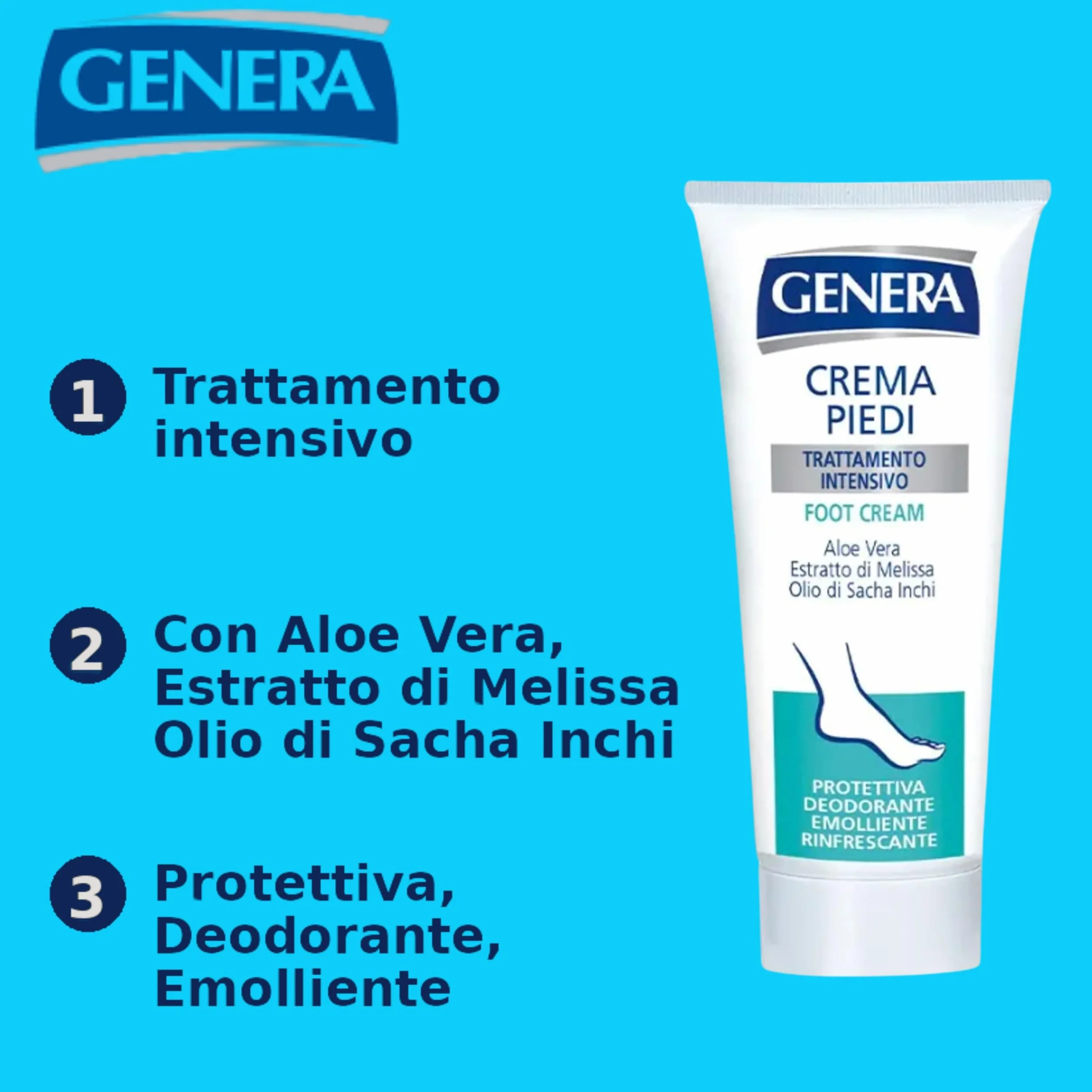 GENERA - CREMA PIEDI FEET CREAM TRATTAMENTO INTENSIVO CON ALOE VERA ESTRATTO DI MELISSA OLIO DI SACHA INCHI PROTETTIVA DEODORANTE EMOLLIENTE - TUBO 100 ML