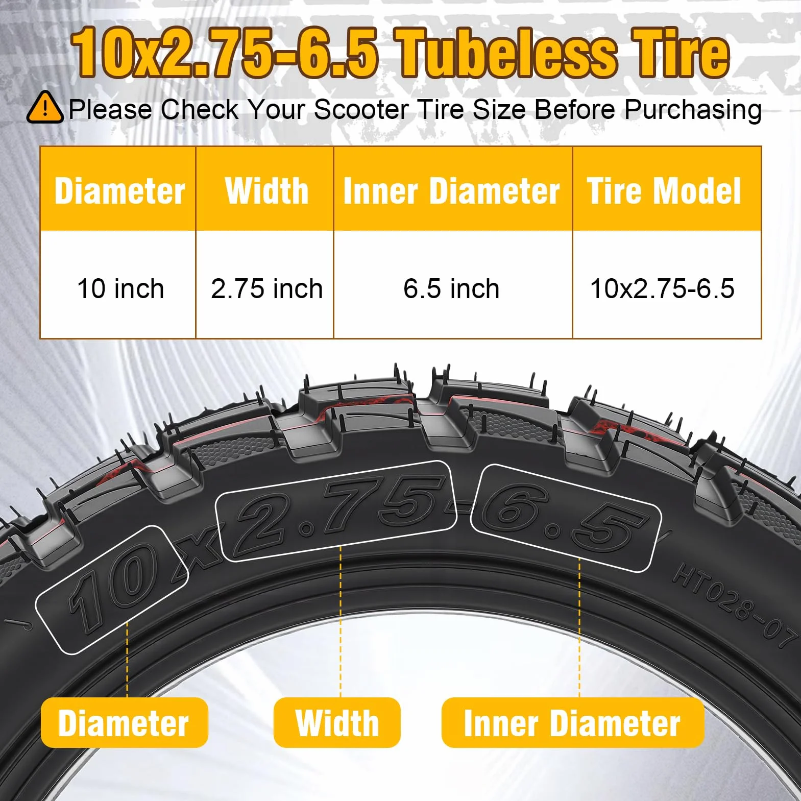 Pneumatico fuoristrada 10x2.75-6.5 tubeless gomma antiscivolo per scooter elettrico 10 pollici