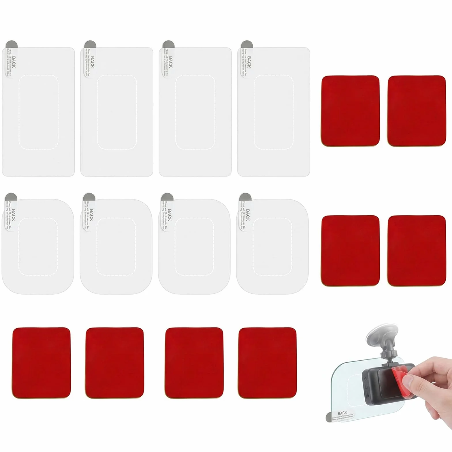 Set 16 Pezzi Adesivi Dash Cam: Pellicole Elettrostatiche e Biadesivi per Parabrezza Auto, Kit di Montaggio Trasparente Resistente al Calore