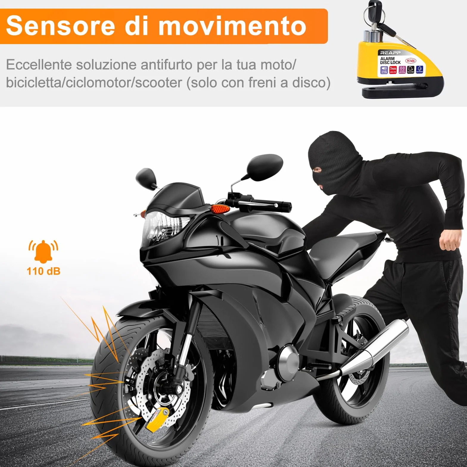 REAPP Lucchetto Moto Antifurto con Allarme Sonoro 110DB, Blocca Disco per Bici Motorino Moped Motocross, 2 Chiavi