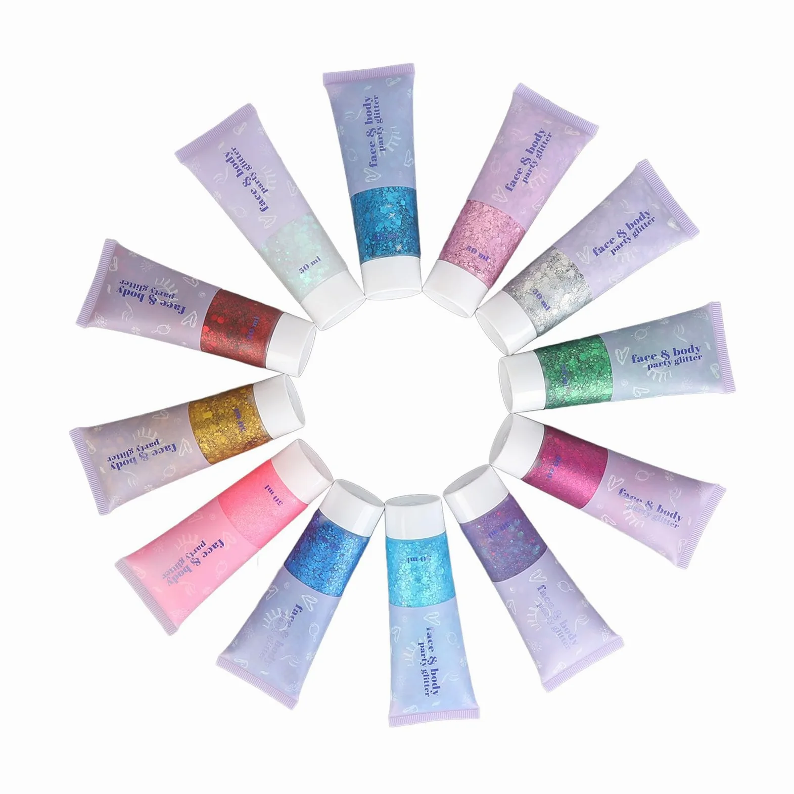 Gel Glitter Corpo 12 Colori Olografici 50ml Lavabili | Glitter Adesivi per il Viso, Nail Art per Capelli, Trucco Festival, Lavabili con Acqua e Sapone, Sicuri per la Pelle, 12