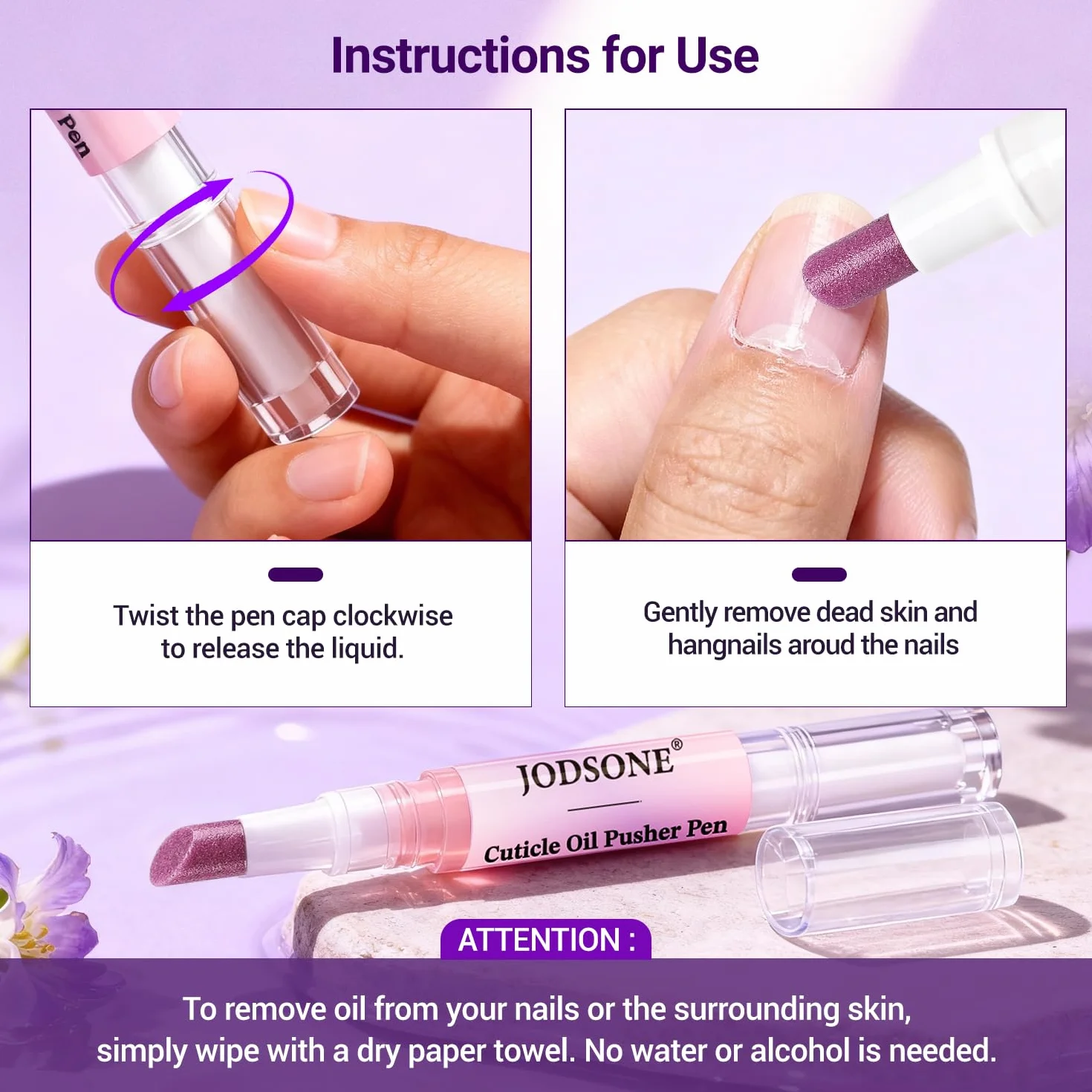 JODSONE Penna per Cuticole con Olio 2 ml, 2-in-1, Punta Inclinata 45°, Idrata, Rinforza, Lucentezza, Lavanda