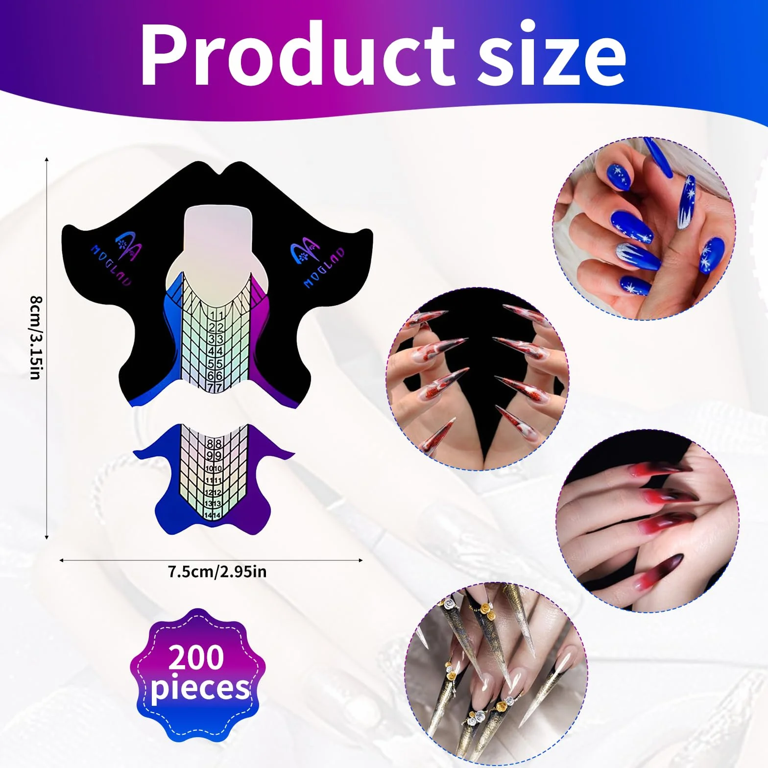 200 Modelli Unghie Autoadesivi per Ricostruzione Unghie, Nail Forms Professionali per Gel e Acrilico, Cartine Unghie con Scala Graduata