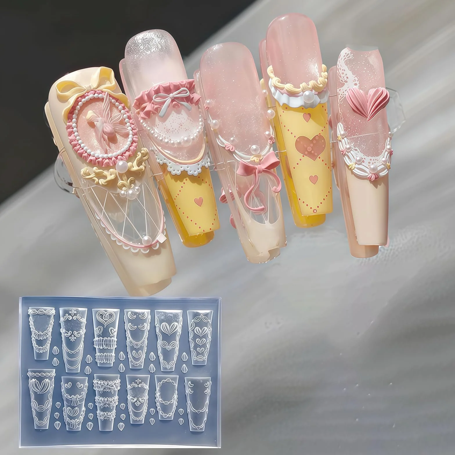 Silikon Stampi per Unghie 3D, Crema Pizzo Design Unghie, Charms Unghie Strumenti in Silicone, Decorazioni per Unghie Accessori per Nail Art