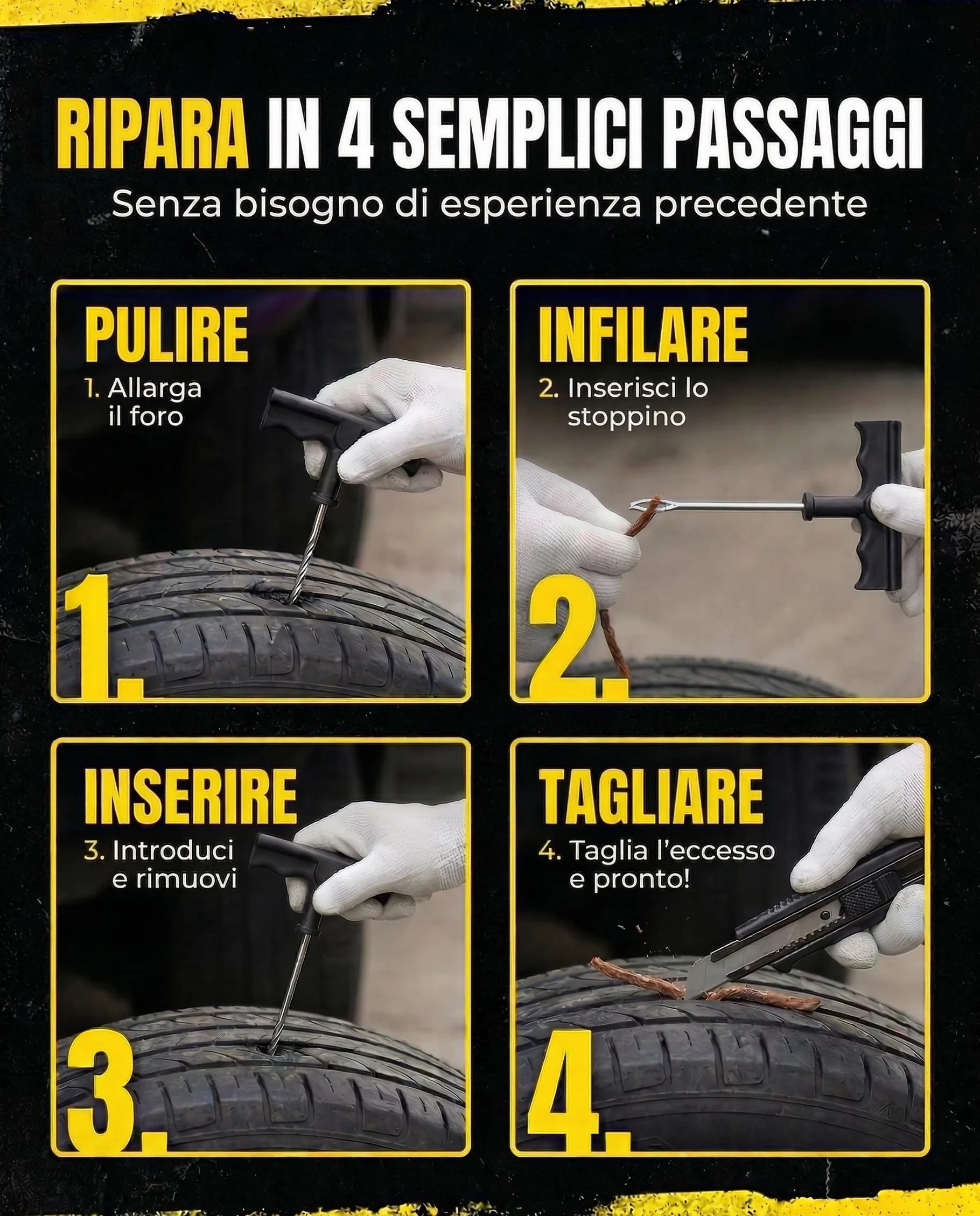 Kit Riparazione Pneumatici Auto Moto - Include 10 Tasselli, 2 Attrezzi a T, Guanti e Taglierino