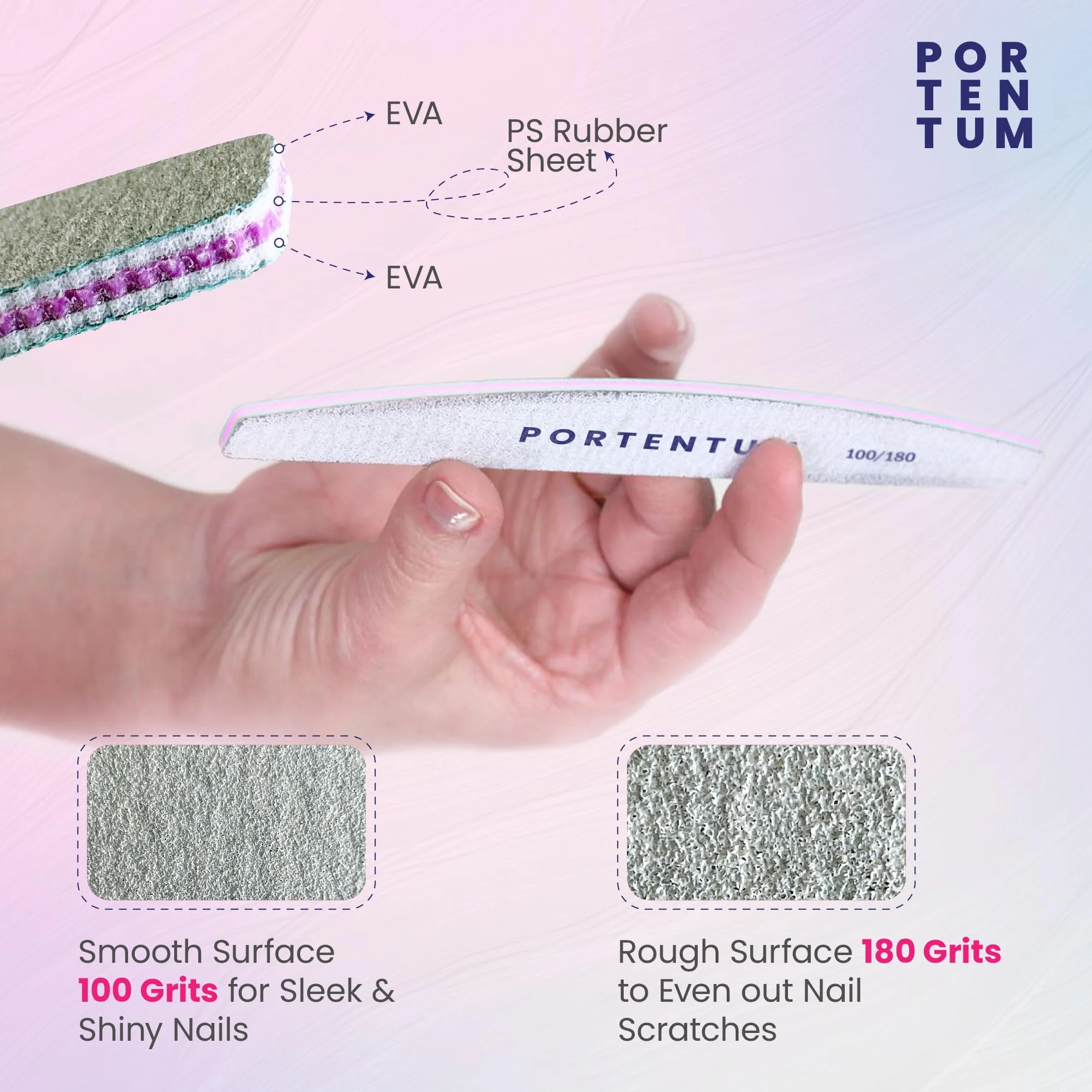 PORTENTUM Lime per unghie 100 180 set di 16, lima per unghie 100/180 a doppia faccia lavabile, lima per unghie professionale ideale per gel e acrilico, adatto per uso in salone e a casa