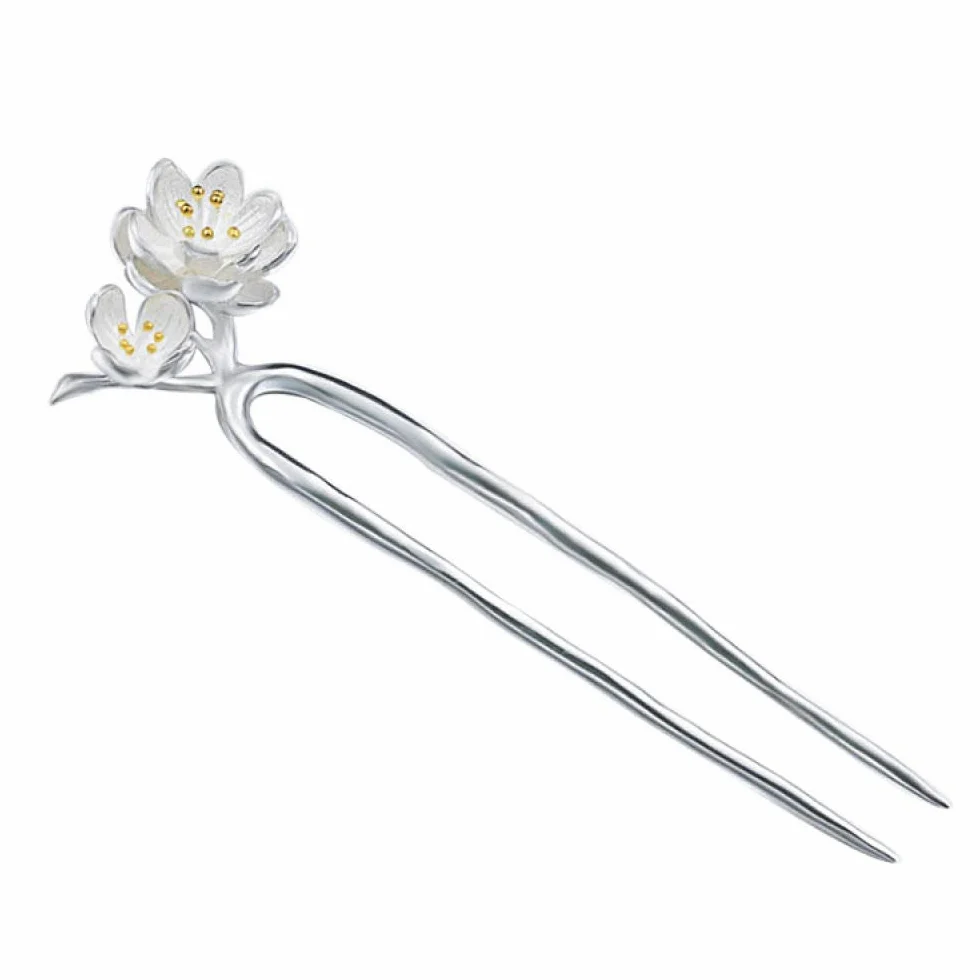 Gioielli per Capelli Cinesi, Bacchette for Capelli retrò a Forma di U in Argento 925 for Donna, 2 forcine for Capelli con Fiori di pesco, Perle Etniche, 2 Punte for Chignon.