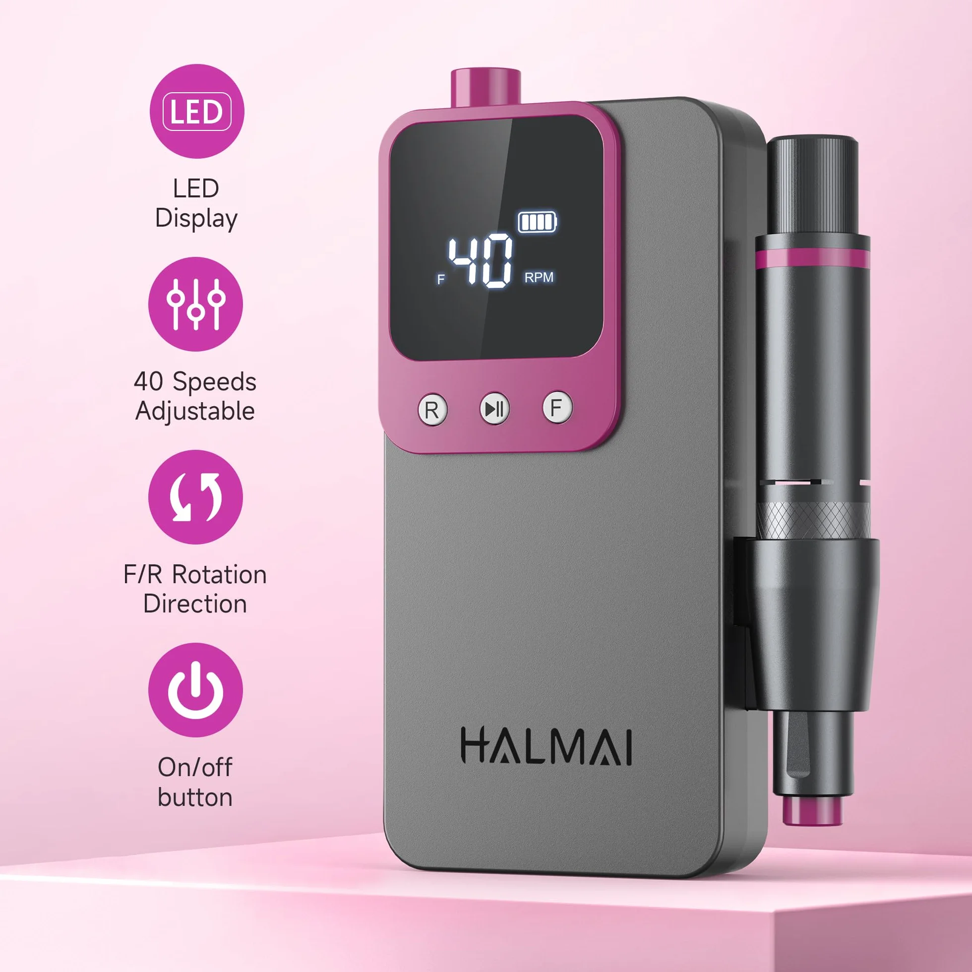 HMC320 Fresa per Unghie Professionale Ricaricabile 40000 Giri/min Kit Limetta Portatile Grigio Scuro