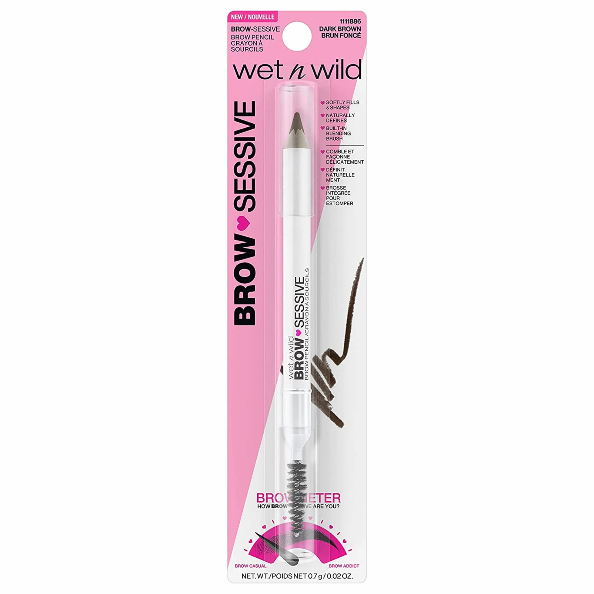 Wet n Wild, Matita Brow-Sessive, Matita a Doppia Punta con Pettinino per Sopracciglia Sottili e Spesse, Formula Naturale, Definizione del Colore Progressiva, Castano Scuro