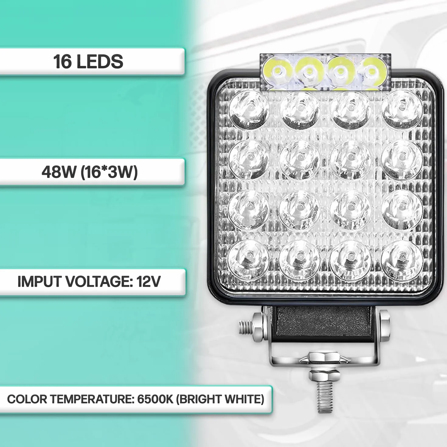 Fari Trattore 12V 48W 16 LED 6500K IP67 10.5 cm Alluminio ABS 4 Pezzi