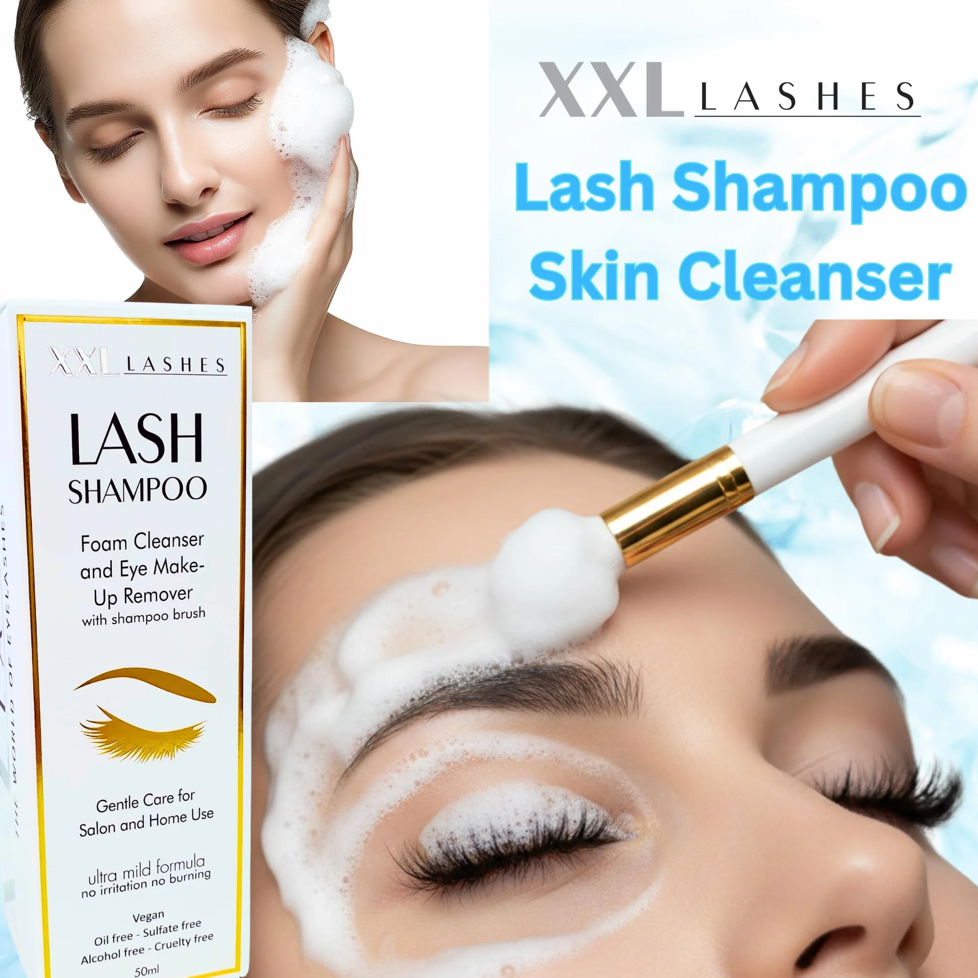 XXL Lashes Shampoo per extension ciglia, detergente schiumogeno, struccante, 50 ml con spazzolino per shampoo per ciglia e sopracciglia, cura ciglia con pennello per lavaggio