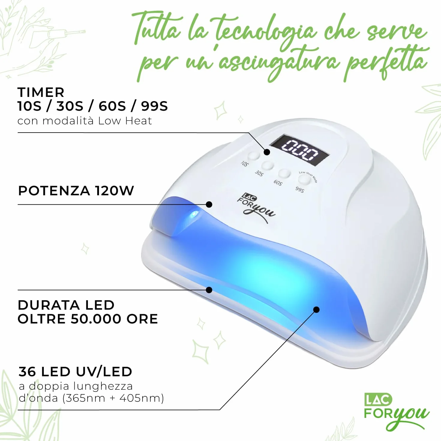 Lampada UV LED Unghie 36 LED 365+405nm Fornetto 4 Timer 10/30/60/99s Display LCD Base Rimovibile Asciuga Gel Semipermanente