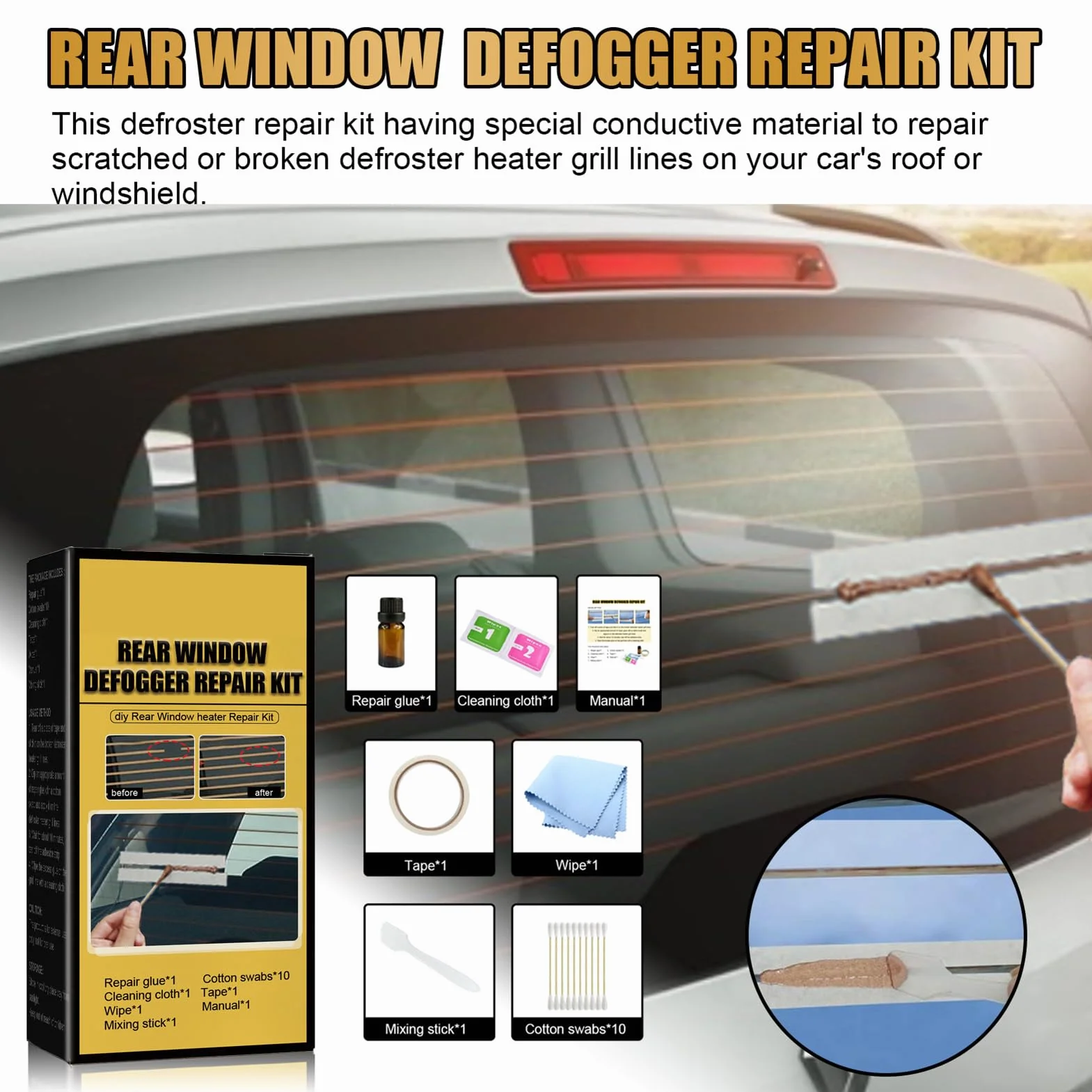 Kit Riparazione Sbrinatore Lunotto Posteriore Auto, Set Riparazione Griglia Riscaldata Conduttiva