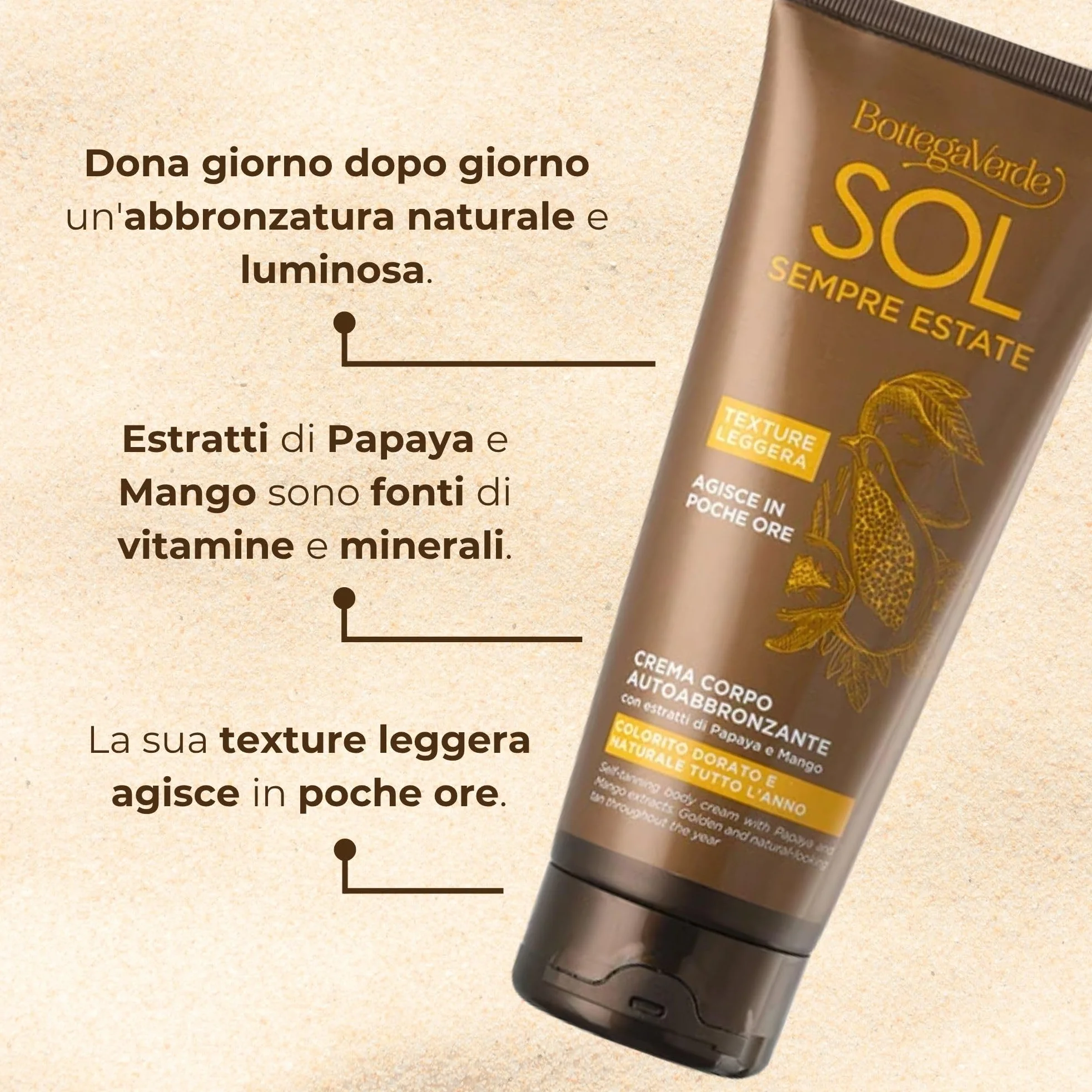 Crema Autoabbronzante Corpo Bottega Verde 200 ml con Estratti di Papaya e Mango