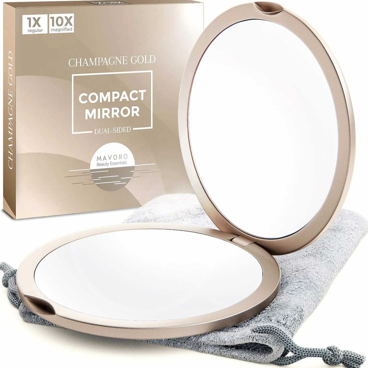 Specchio Compatto 10X per Borse, Specchio da Viaggio a due Lati Trucco, 10cm Tascabile Piccolo (Champagne Oro)