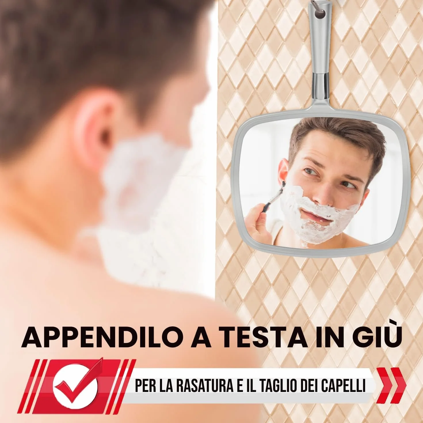 Specchio a mano portatile grande per trucco Mirrorvana con manico ergonomico argento