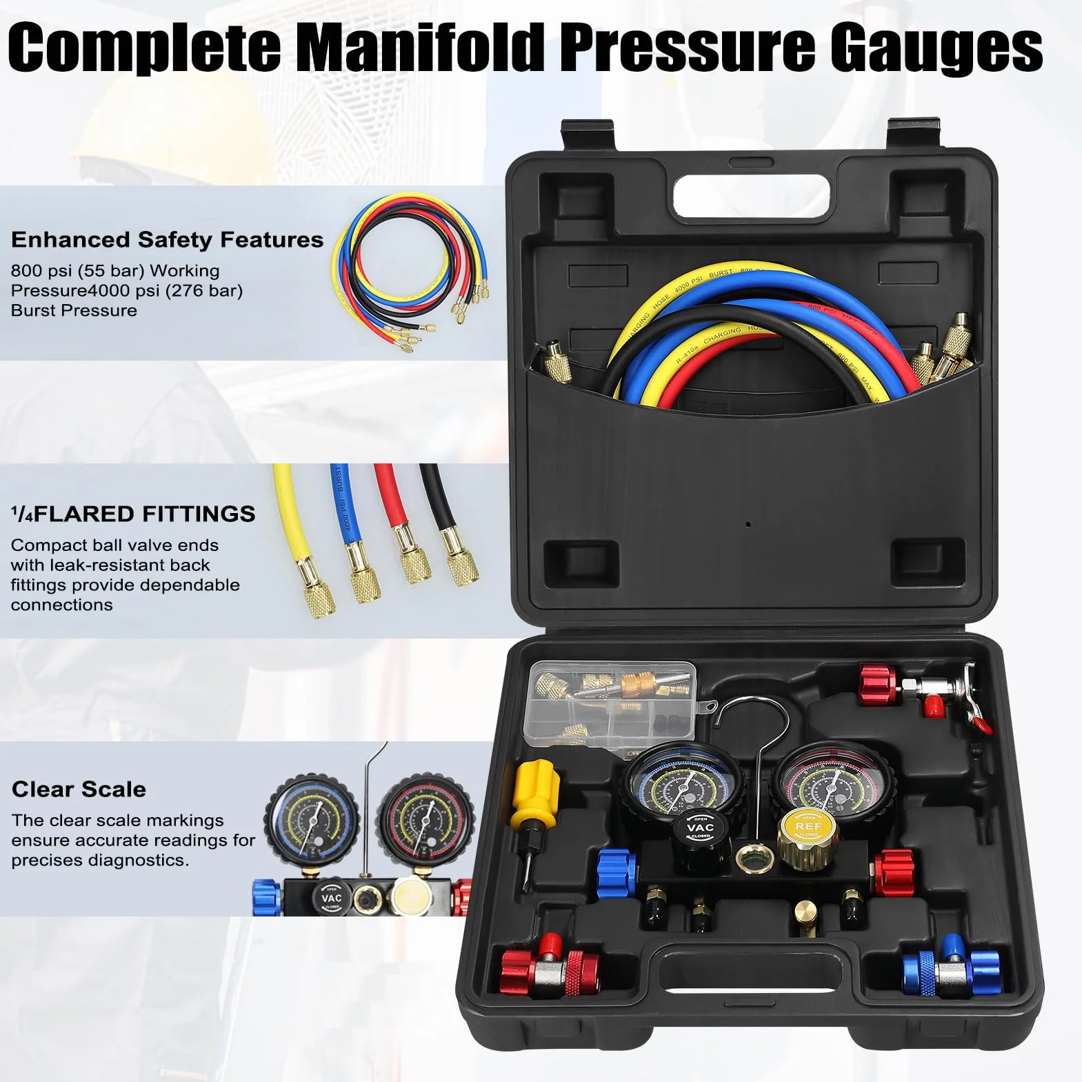 Weytoll Kit Ricarica Aria Condizionata Auto 1.5m Tubi Manometro Doppio Valore 4 Vie Refrigerante R22 R134a R410a