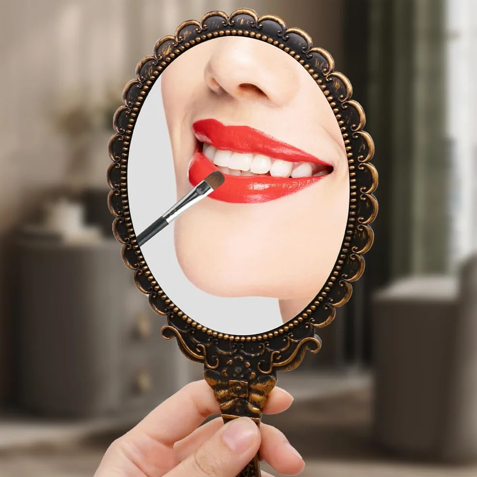 3 Pezzi Specchio a Mano, Specchio per Trucco Con Maniglia, Specchio Vintage Floreale in Rilievo, Mini Specchio Ovale su un Solo Lato per Ufficio Di Viaggio (Nero, Oro Rosa, Bronzo)