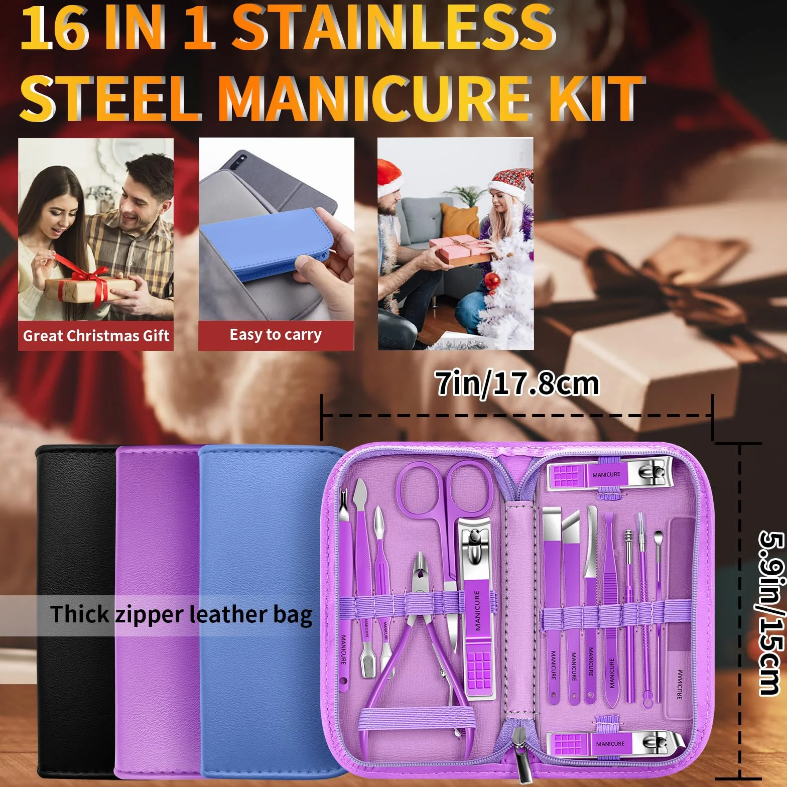 Set Manicure Kit Pedicure 16 Pezzi Acciaio Inox Strumenti Professionali Cura Unghie Custodia Pelle Viaggio Nero