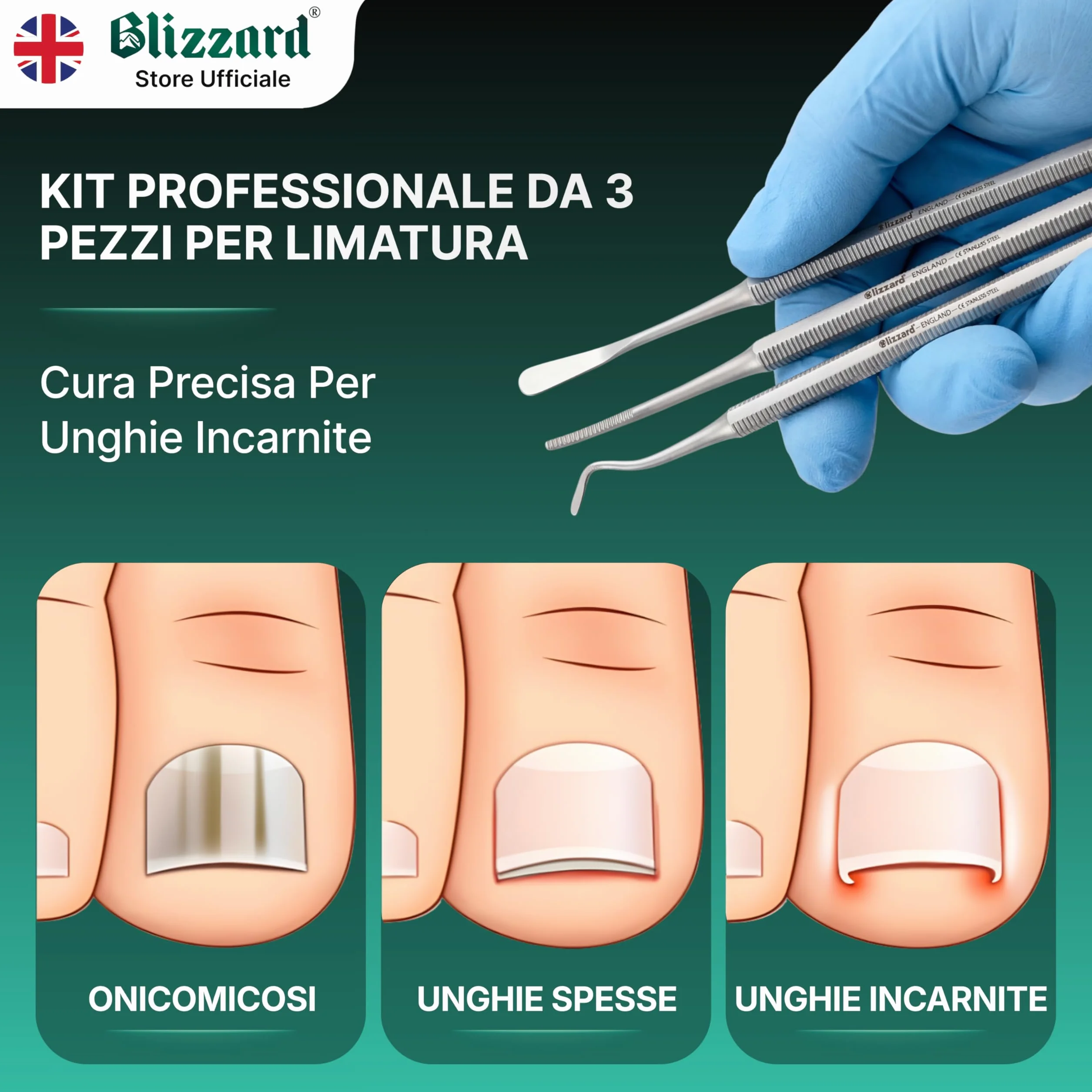Blizzard Kit Pedicure Professionale 3 Pezzi Ferri da Podologo per Unghie Incarnite Acciaio Inox